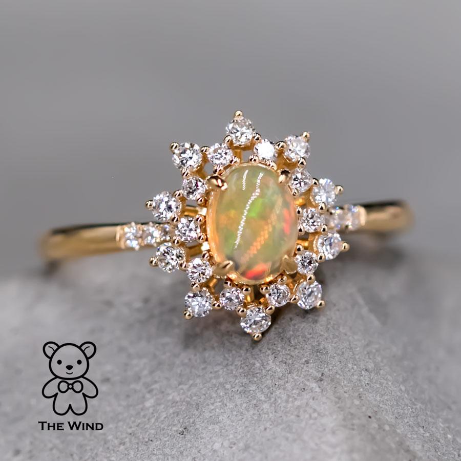 Women's Starry Night Mexican Fire Opal Diamond Engagement Ring 18K Yellow Gold For Sale