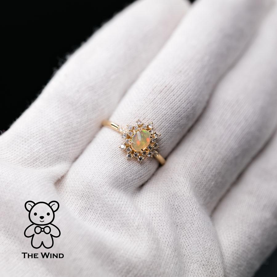 Starry Night Mexican Fire Opal Diamond Engagement Ring 18K Yellow Gold For Sale 1