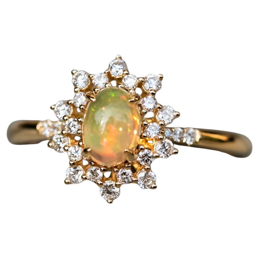 Starry Night Mexican Fire Opal Diamond Engagement Ring 18K Yellow Gold For Sale