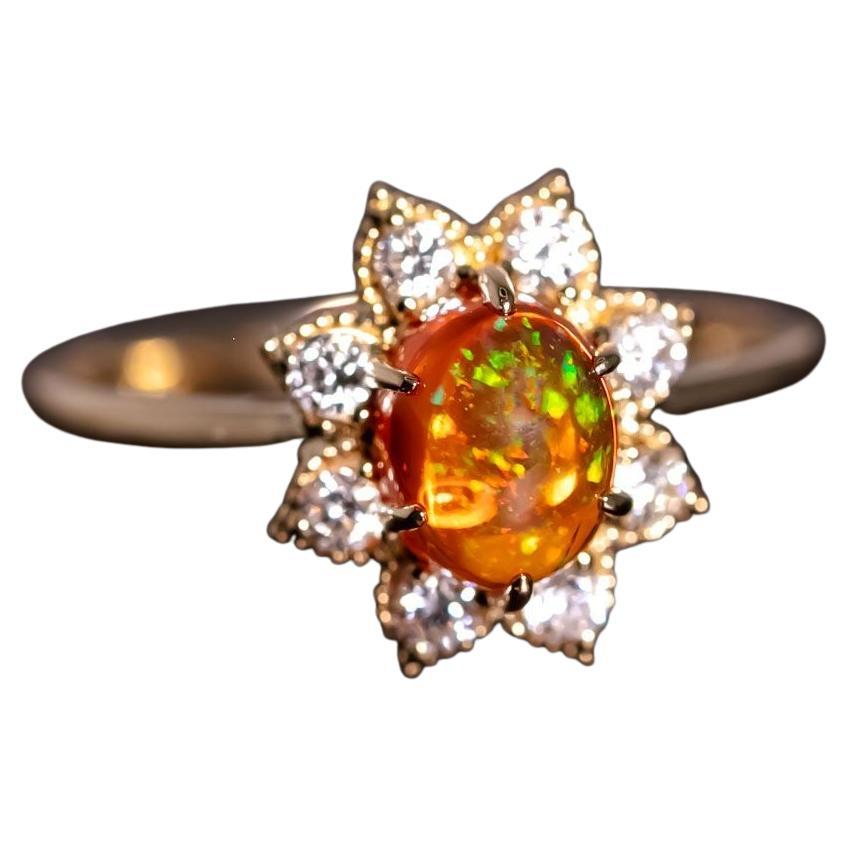 Starry Night Mexican Fire Opal Diamond Engagement Ring 18K Yellow Gold