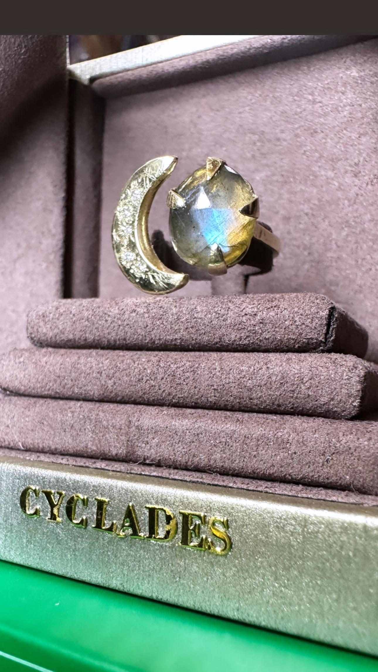 Art Nouveau Starry Night Moon Crescent Ring with Diamonds and a Labradorite in Gold in stock