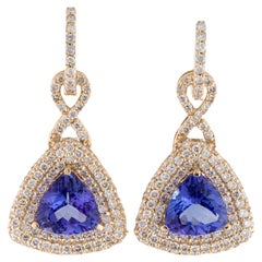 14K 3.50ctw Tanzanite & Diamond Drop Hoop Earrings - Exquisite & Timeless Design