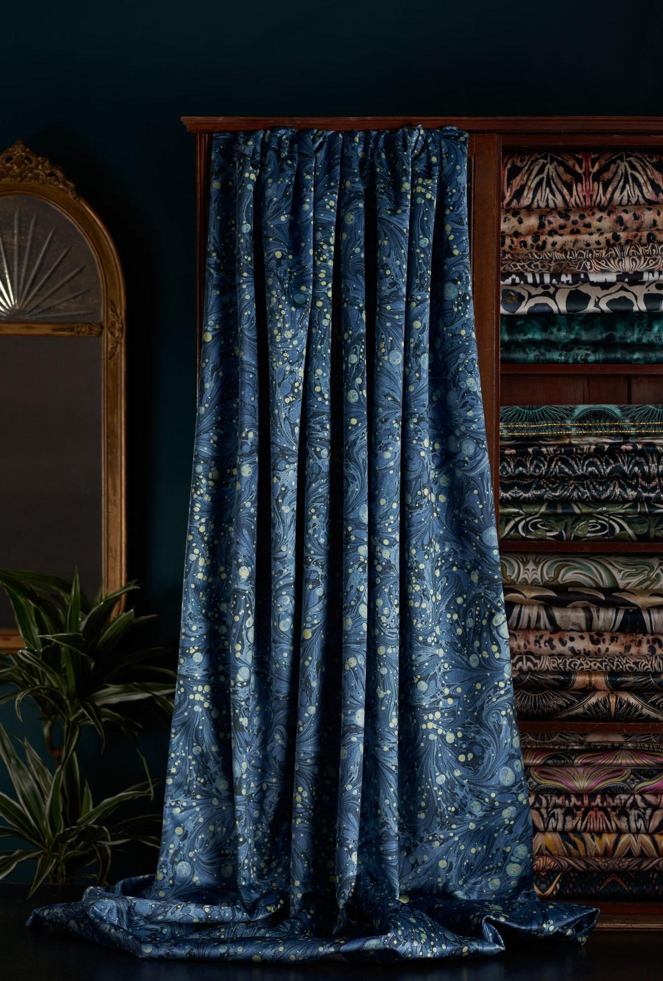 Meet our beautiful swirling blue marbled design – named Starry Night of course for its Van Gogh-like allusions. Created by insanely talented artist, Freya Scott, from Paperwilds.

This velvet is midweight, with a strong straight woven backing, so is