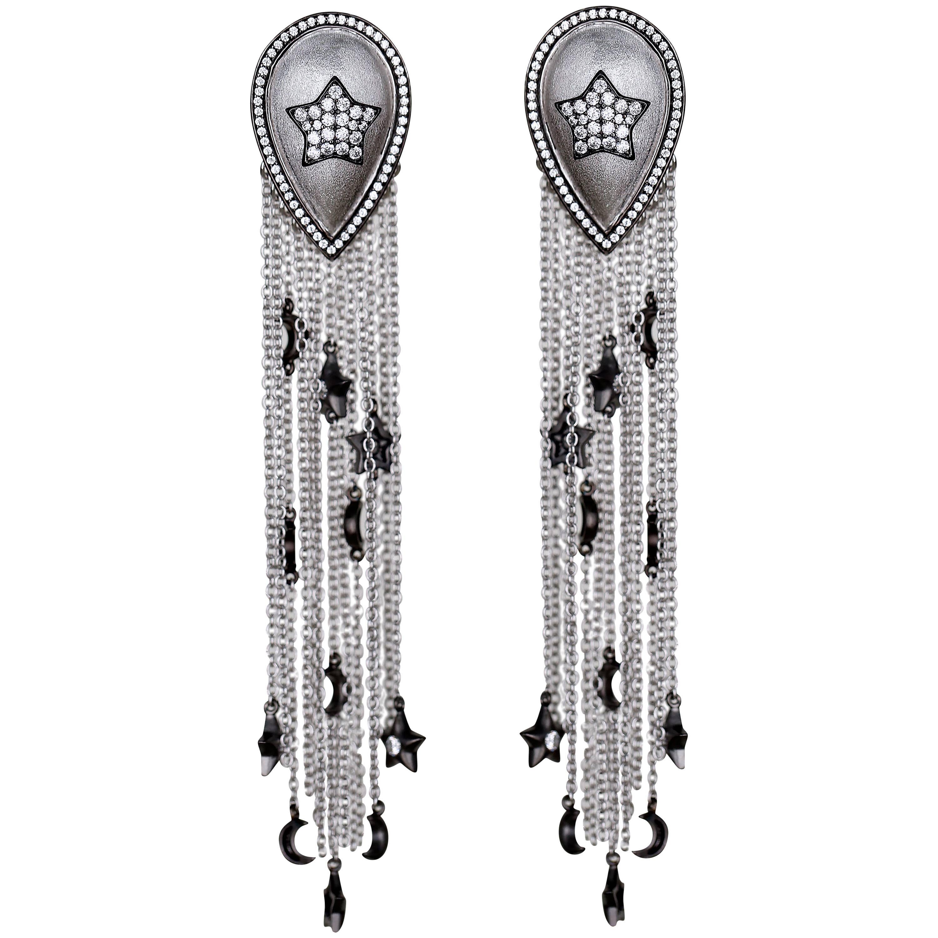 Stars and Moons Charms on Tassels Earrings Sterling Silver plated Rhodium