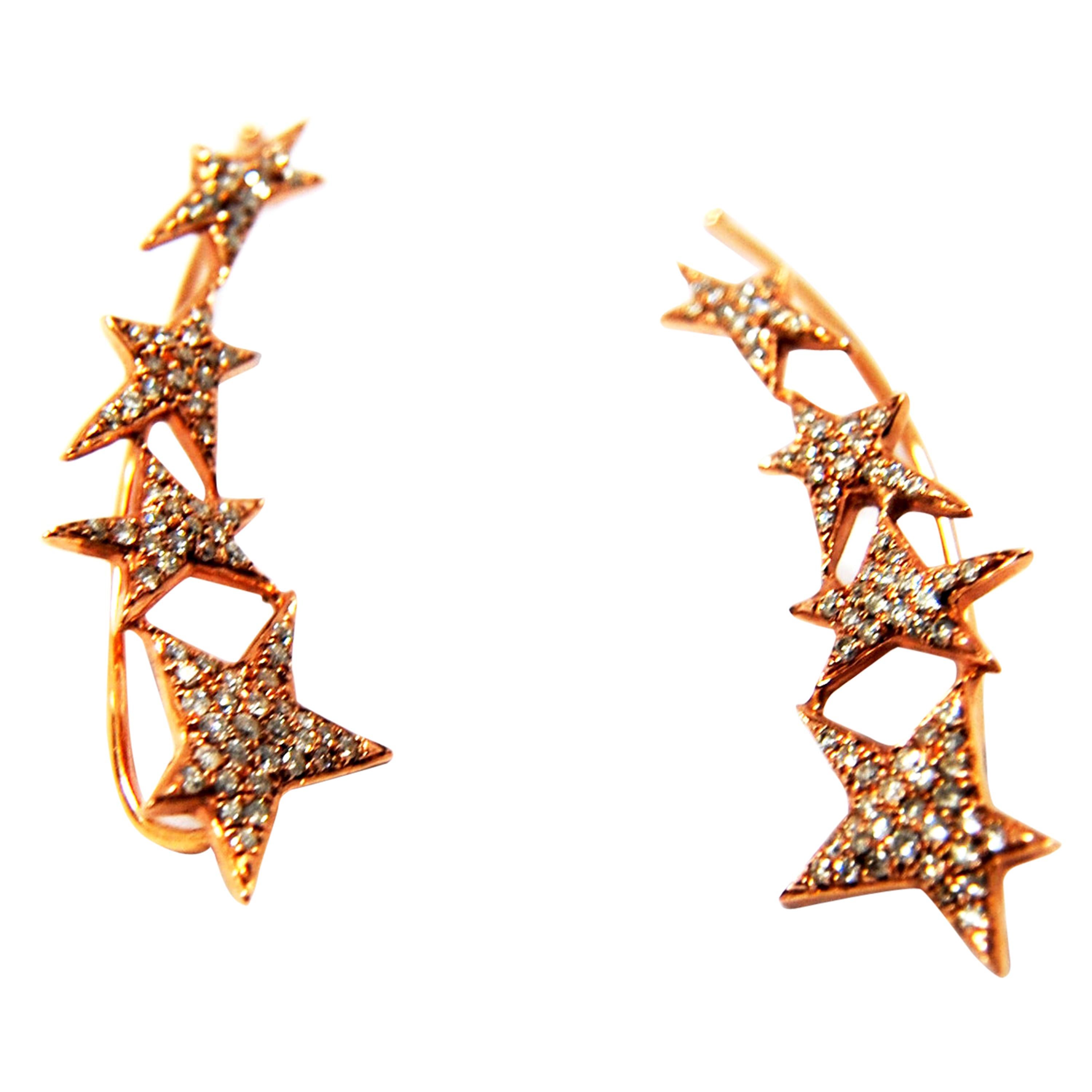 Stars Diamond and 18 Karat Rose Gold Cuff Earrings For Sale