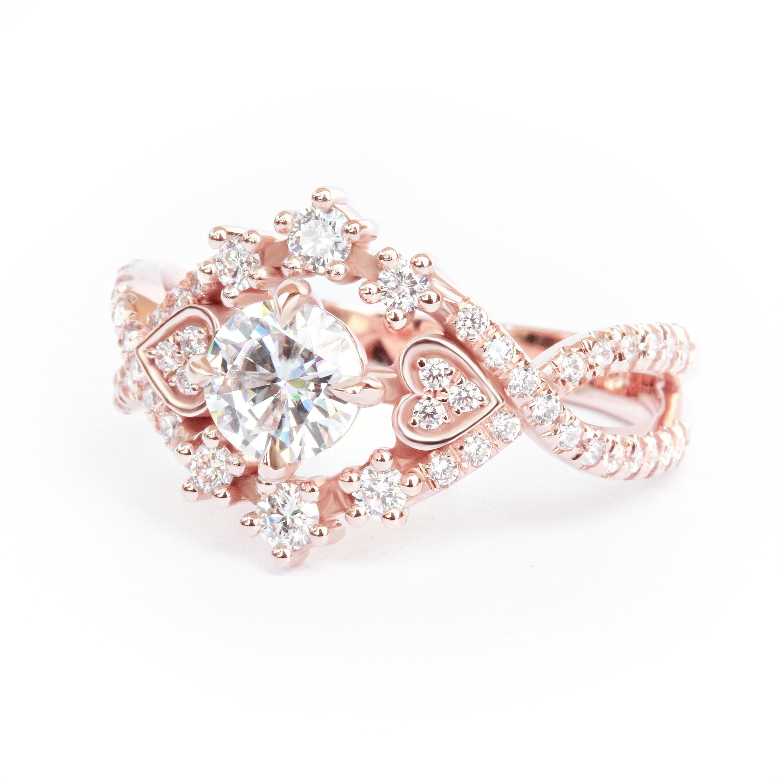 Art Deco Stars & Heart Unique Diamond Halo Engagement Ring 