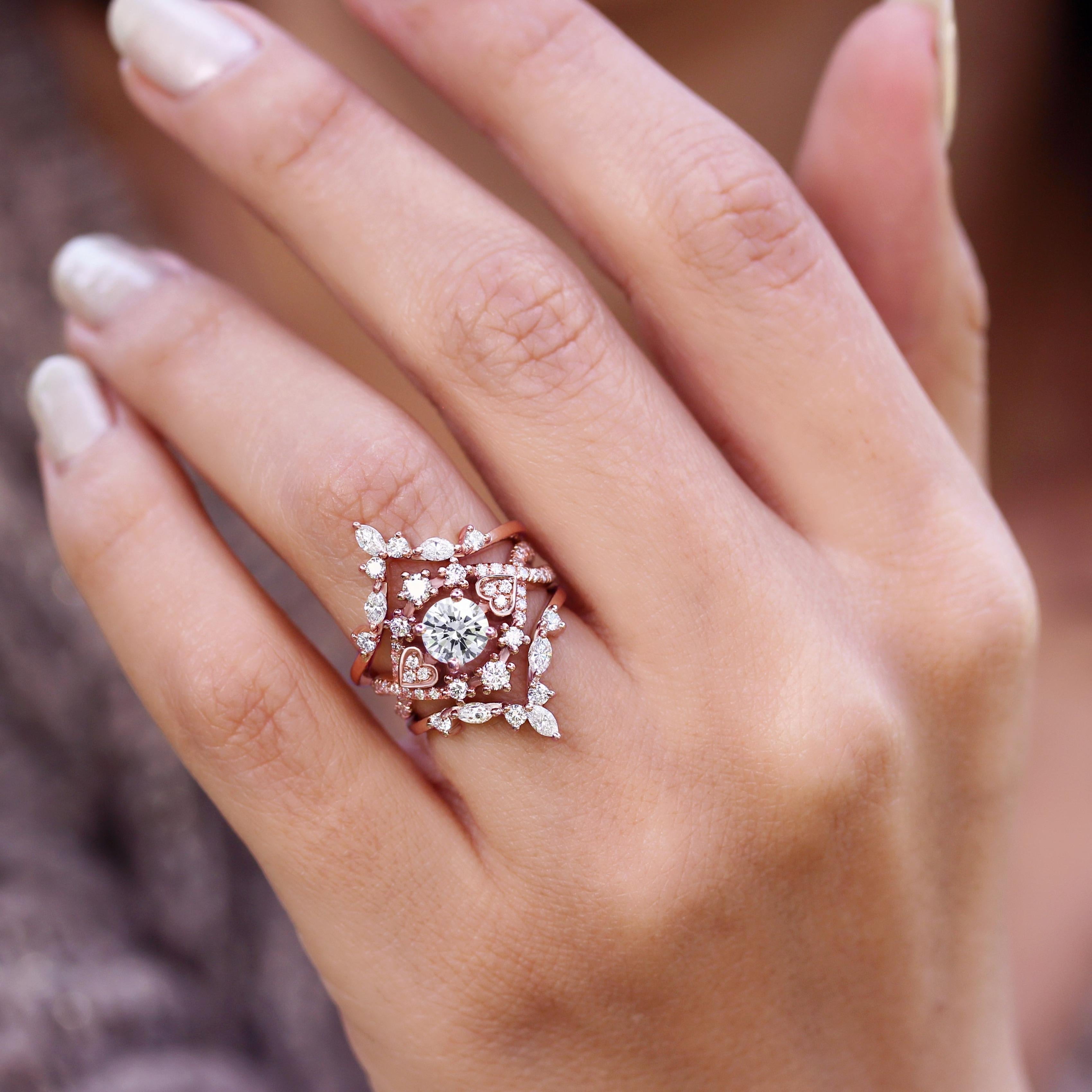 Round Cut Stars & Heart Unique Diamond Halo Engagement Ring 