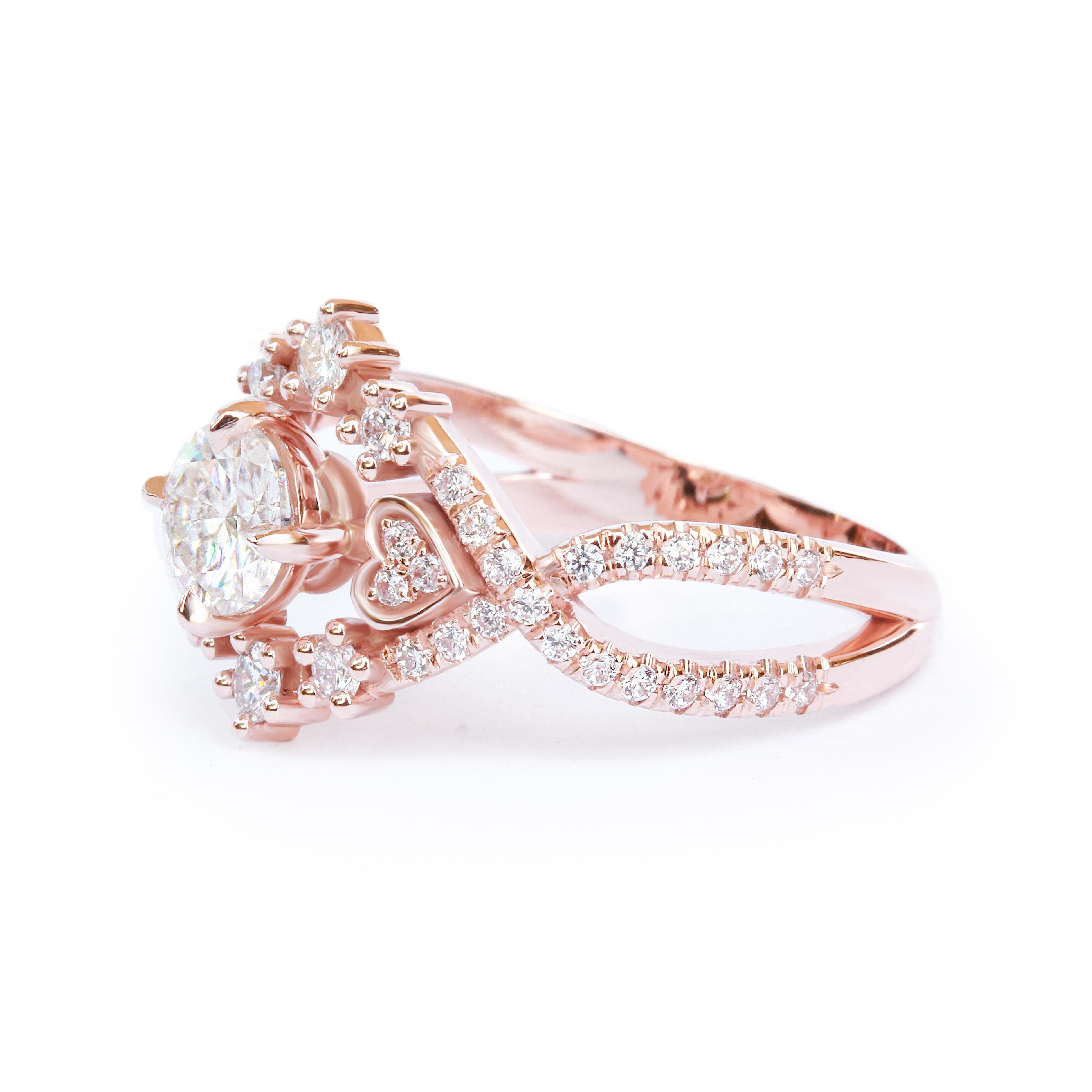 Art Deco Stars & Heart Unique Round Moissanite with Diamond Halo Engagement Ring Destiny For Sale