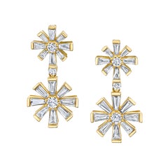 Diamond Double Snowflake Dangle Earrings in Yellow Gold, 1.49 Carat Total