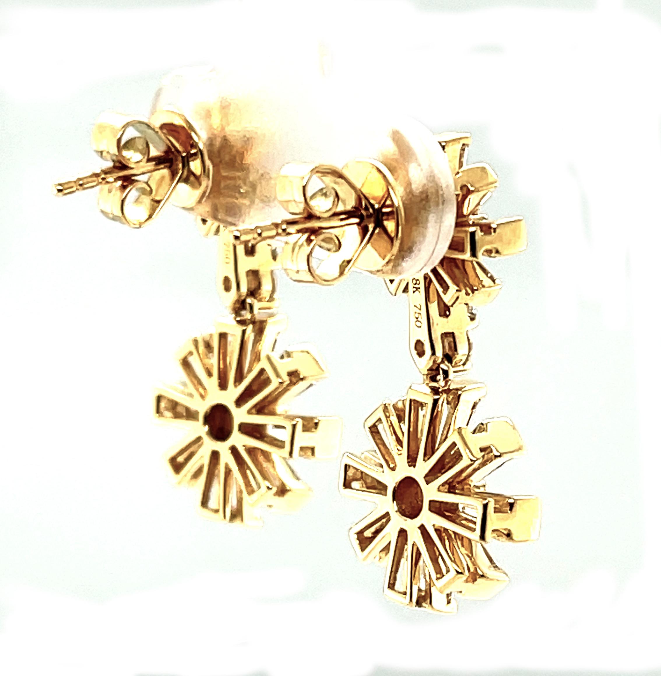Baguette Cut Diamond Double Snowflake Dangle Earrings in Yellow Gold, 1.49 Carat Total For Sale