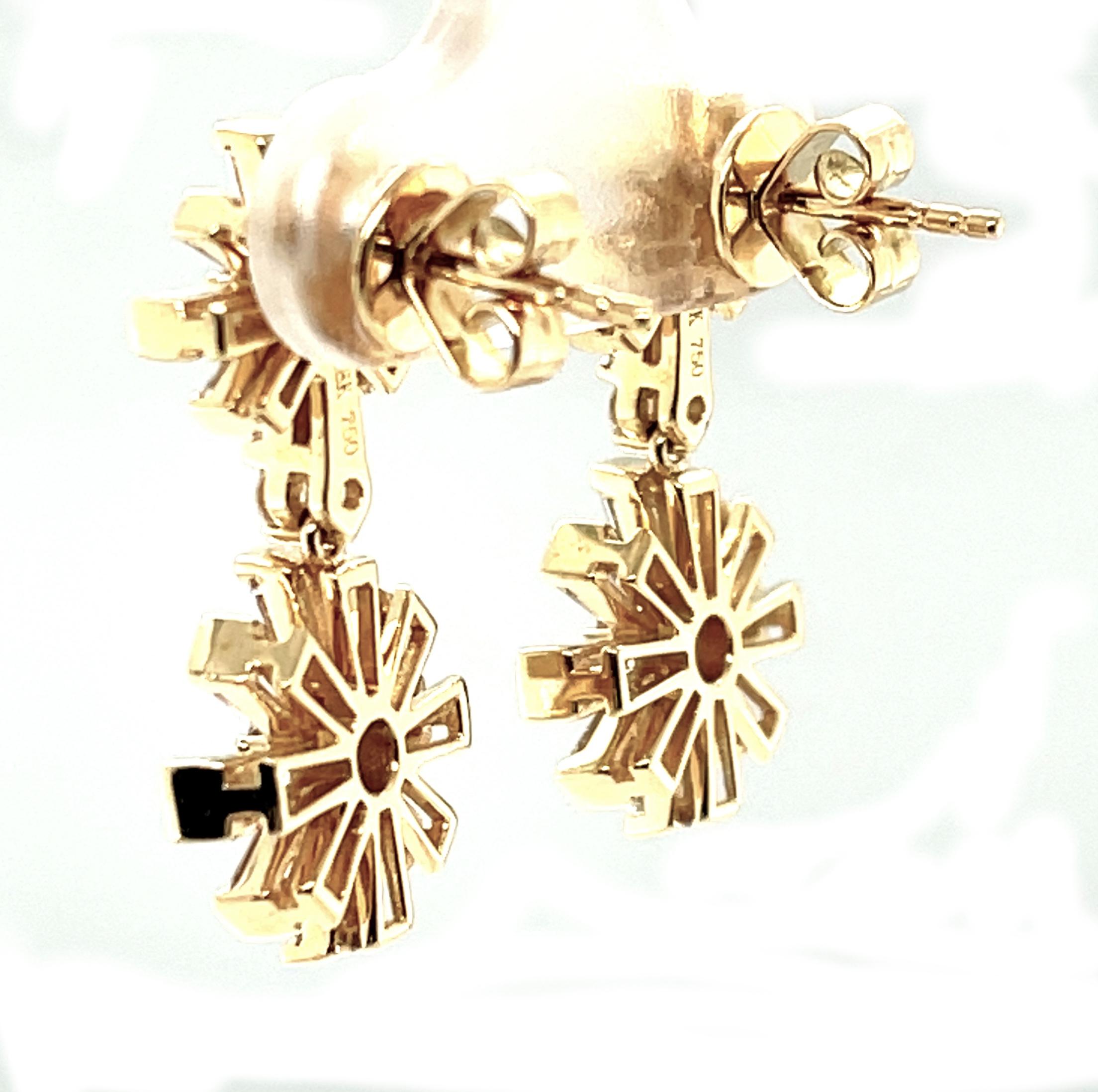 Women's Diamond Double Snowflake Dangle Earrings in Yellow Gold, 1.49 Carat Total For Sale