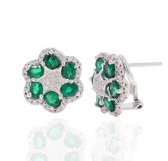 Startling Statement Emerald and Diamonds Clip on Stud Earrings in 14K White Gold