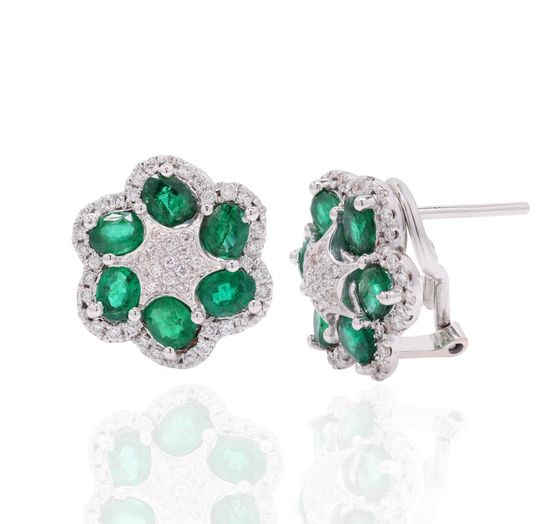 Startling Statement Emerald and Diamonds Clip on Stud Earrings in 14K ...