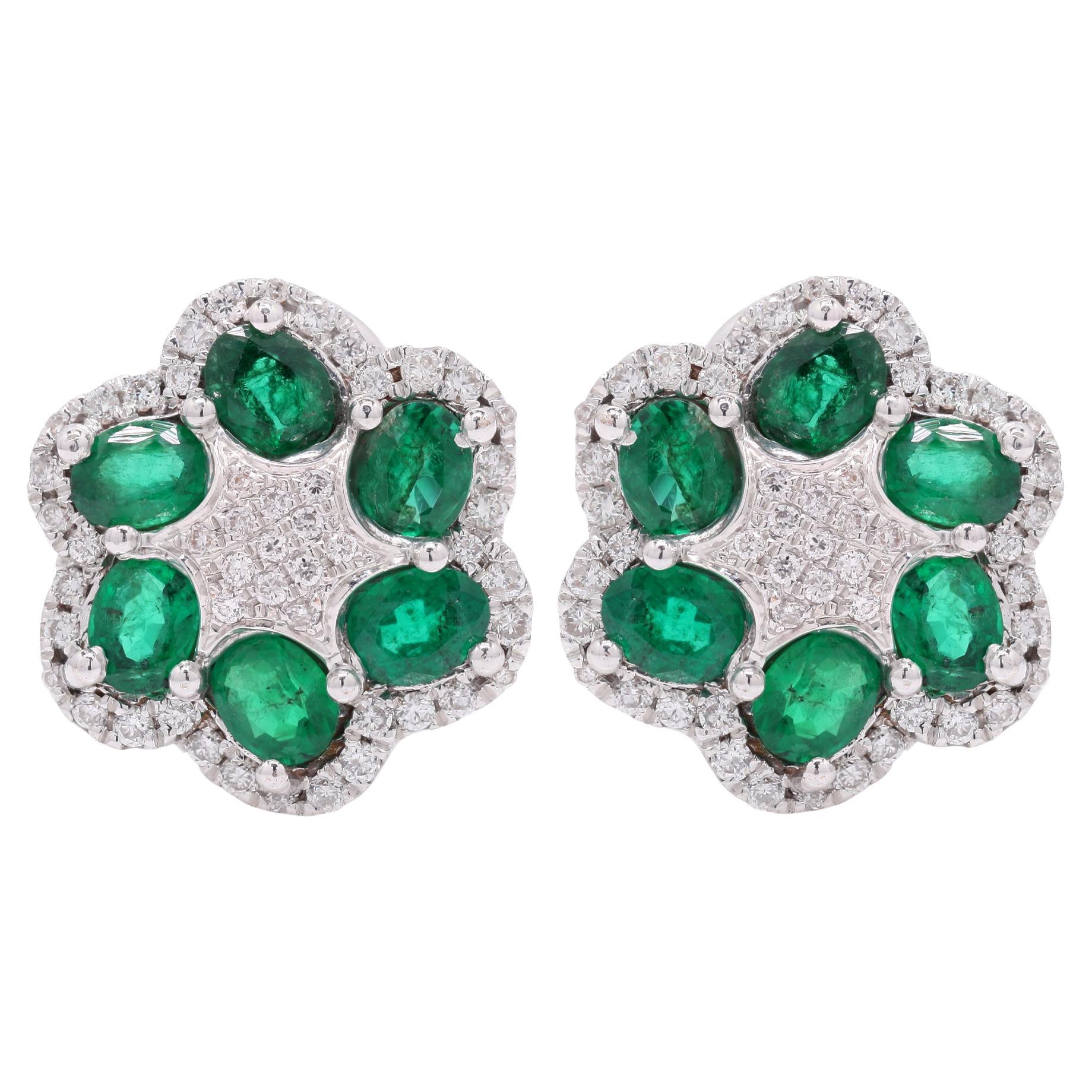 Startling Statement Emerald and Diamonds Clip on Stud Earrings in 14K White Gold