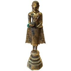 Antique Startlingly Beautiful Bronze Bejeweled Thai Buddha Statue