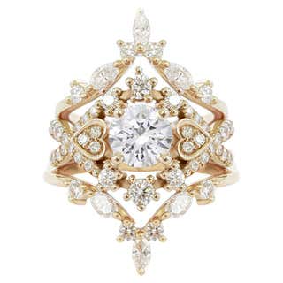 Heart Diamond Love Blossom Unique Wedding Two Rings Set For Sale at 1stDibs