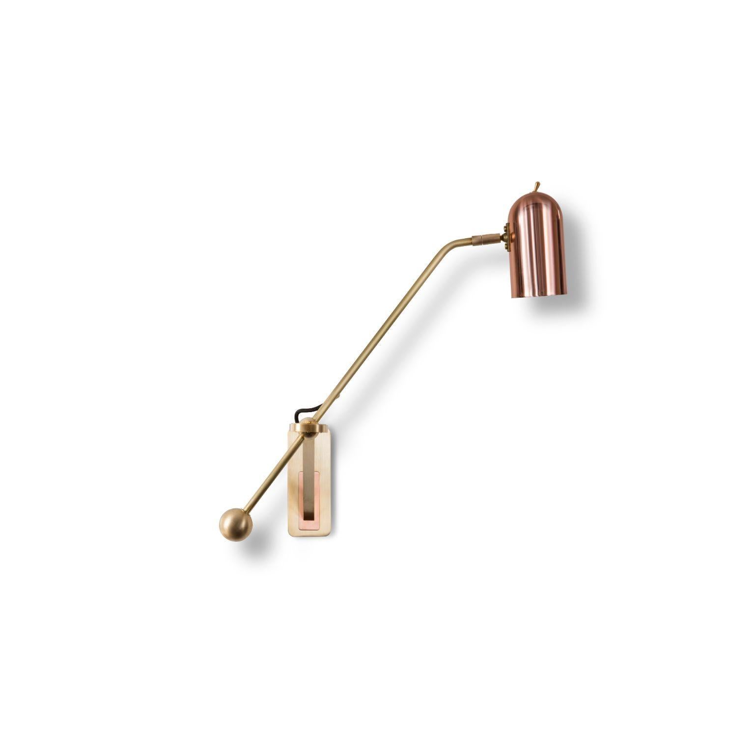 Stasis wall light, brass + polished copper by Bert Frank
Dimensions: 53 x 30 x 47 cm
Materials: Brass, copper

When Adam Yeats and Robbie Llewellyn founded Bert Frank in 2013 it was a meeting of minds and the start of a collaborative creative