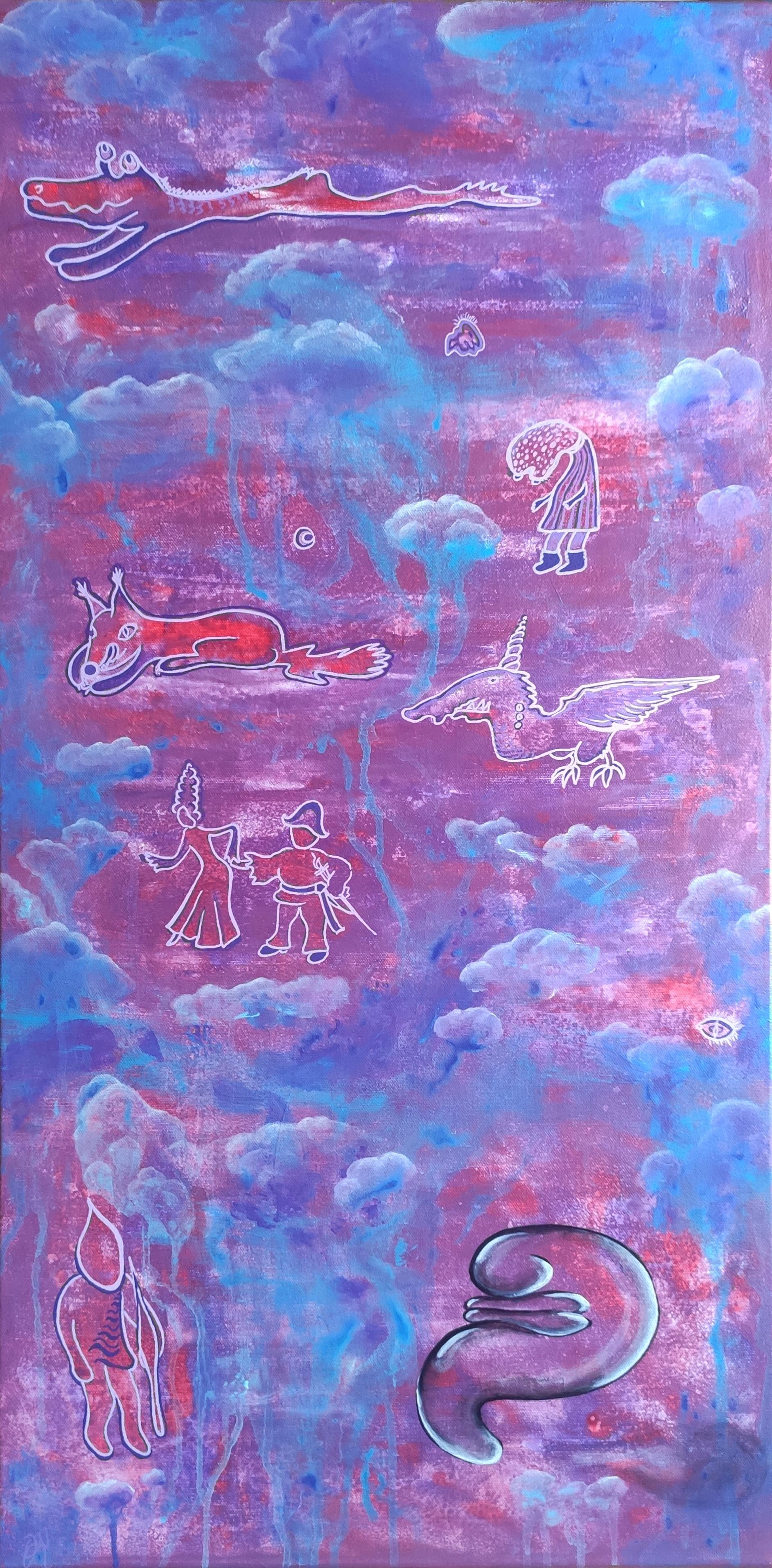 MEDIEVAL NIGHT DREAMS Funny Creatures Original Purple Painting by Stasy Vo For Sale 10