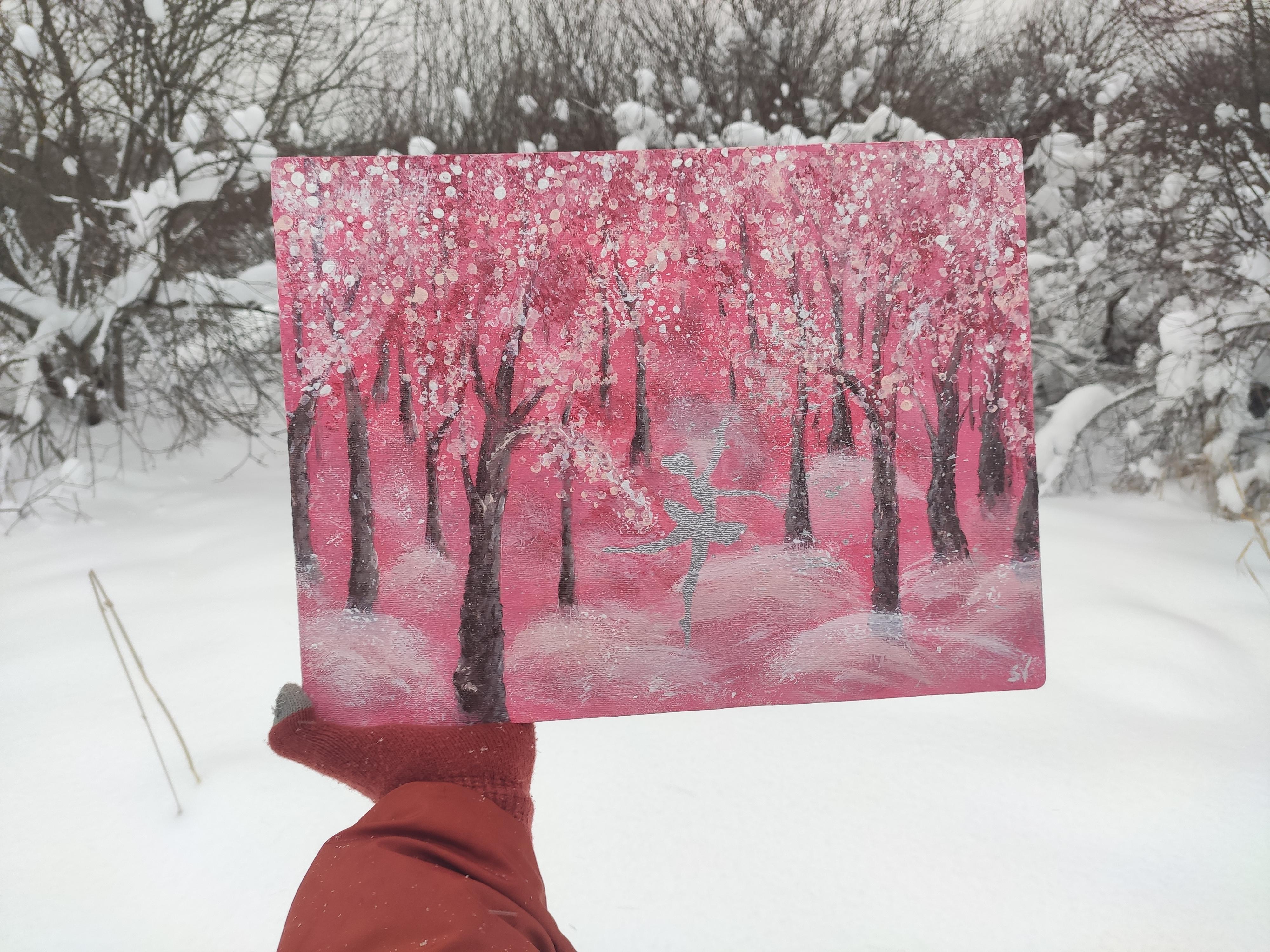 Fairy Sugar Plum Fairy in Magic Winter Woods, en argent. Peinture originale de Stasy Vo en vente 2