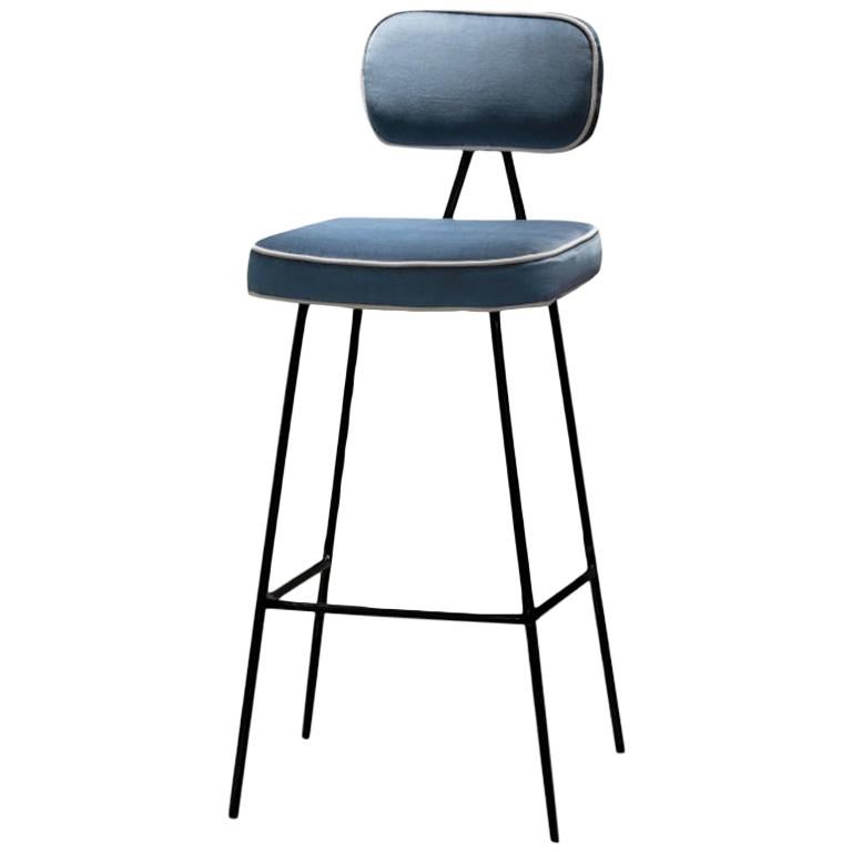 New Handmade Counter Chair State with Black Powder-coated base, Blue Upholstery For Sale