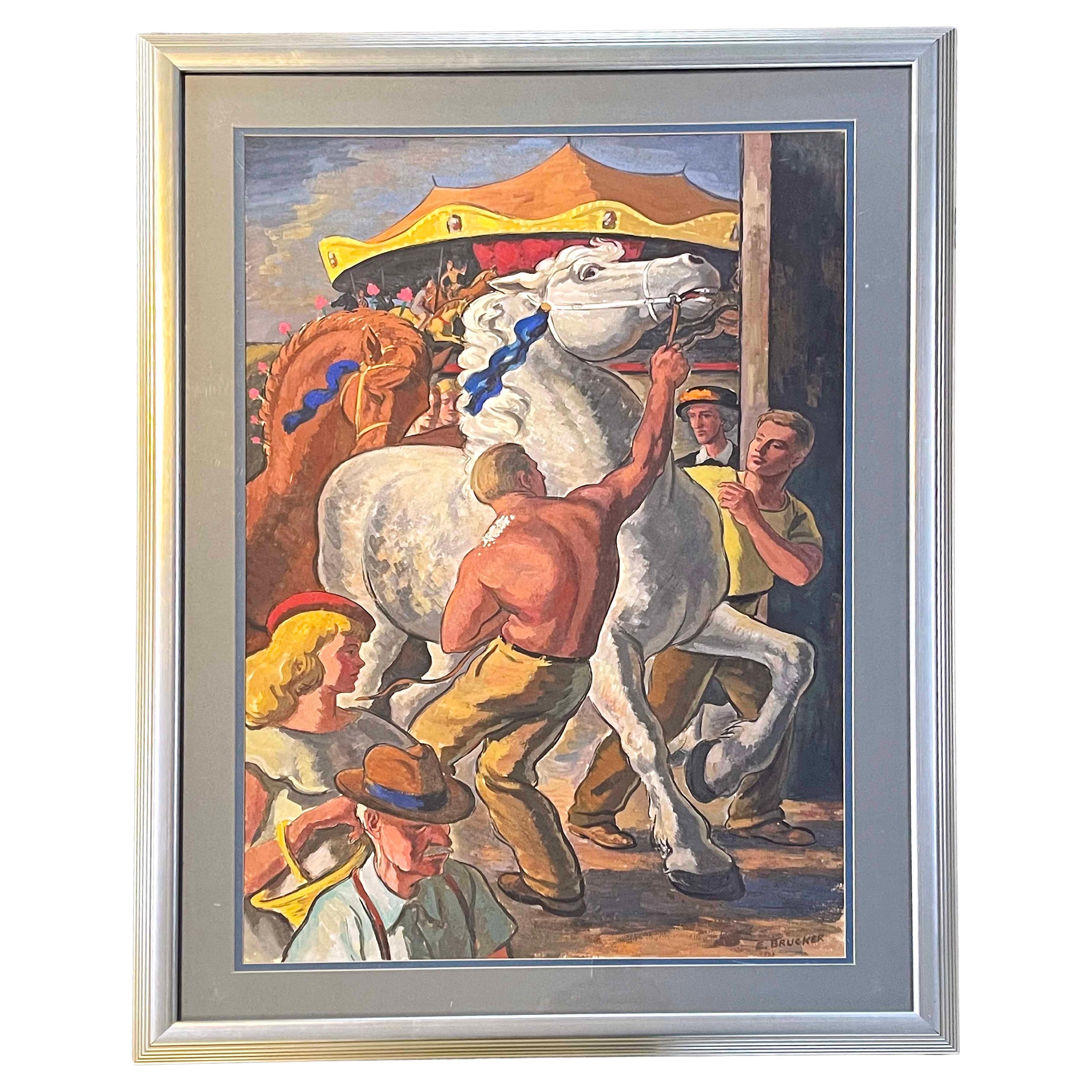 Large and dynamic, this 1947-vintage painting depicts a shirtless man handling a high-spirited Percheron horse that won a blue ribbon at the Indiana state fair.   The young men watching the scene, the fairgoers walking by, and the merry-go-round in