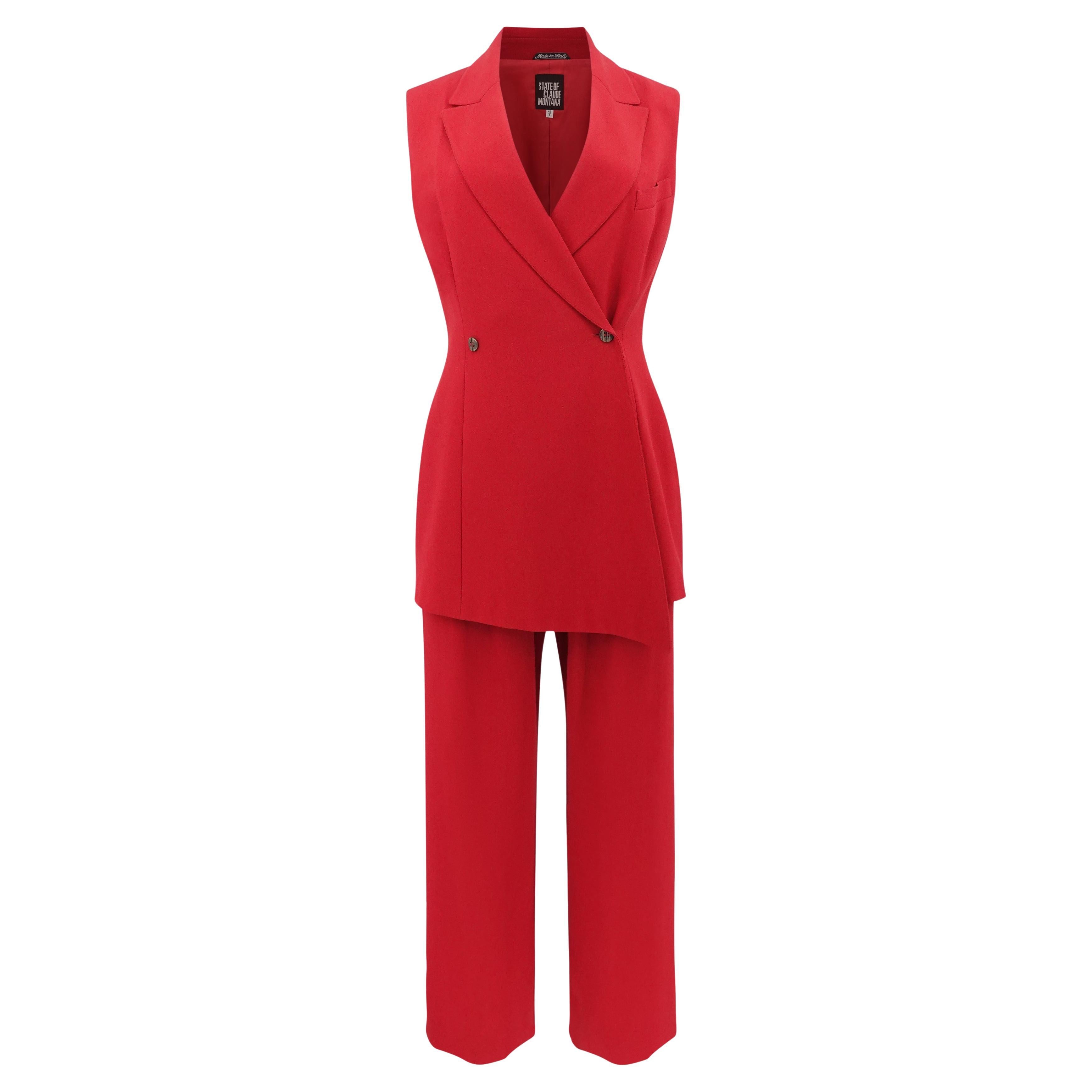 Claude Montana Circa 1990s Vintage Red Crepe Two-Piece Suit Set IT 42
