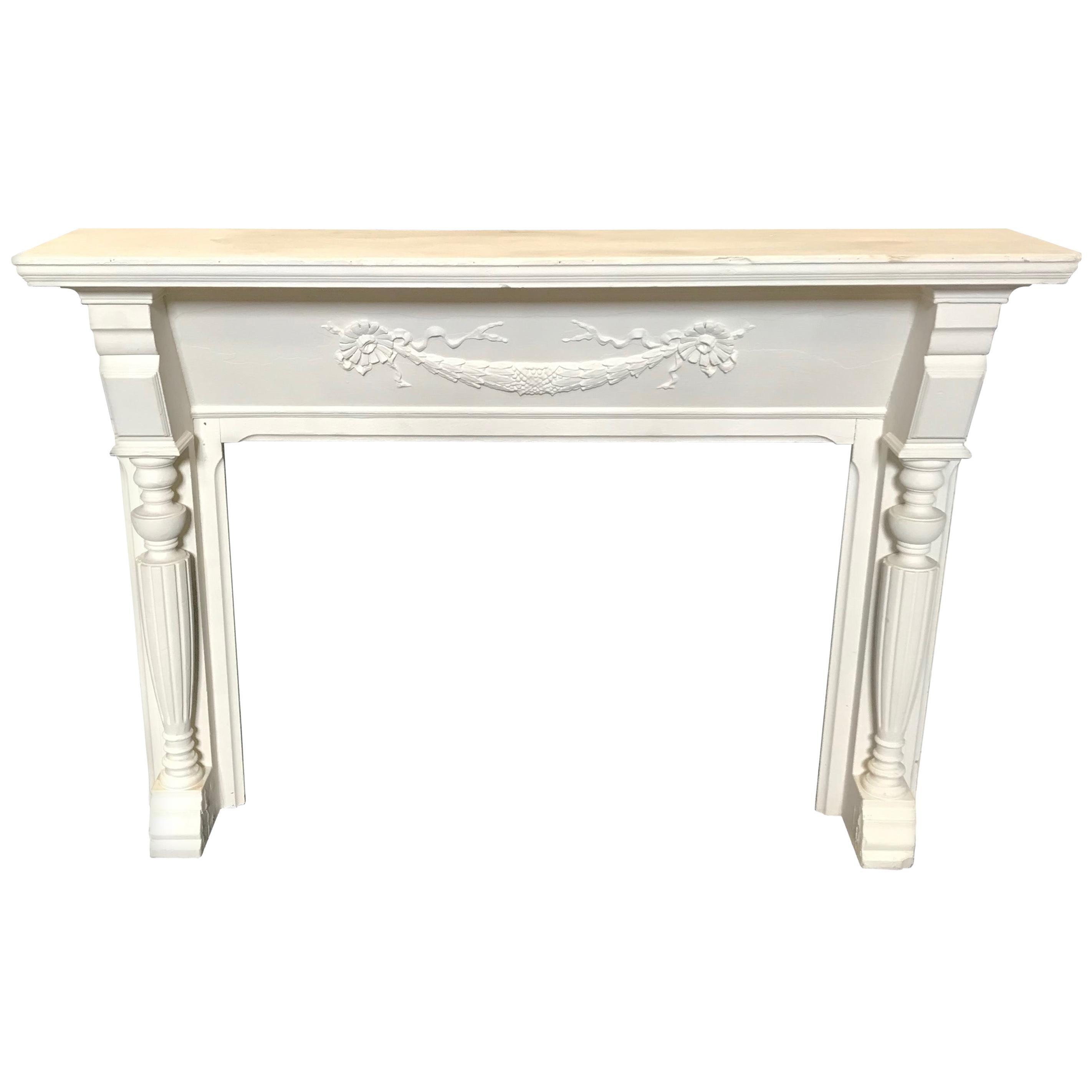 Stately 19th Century Federal Carved White Fireplace Mantel with Columns