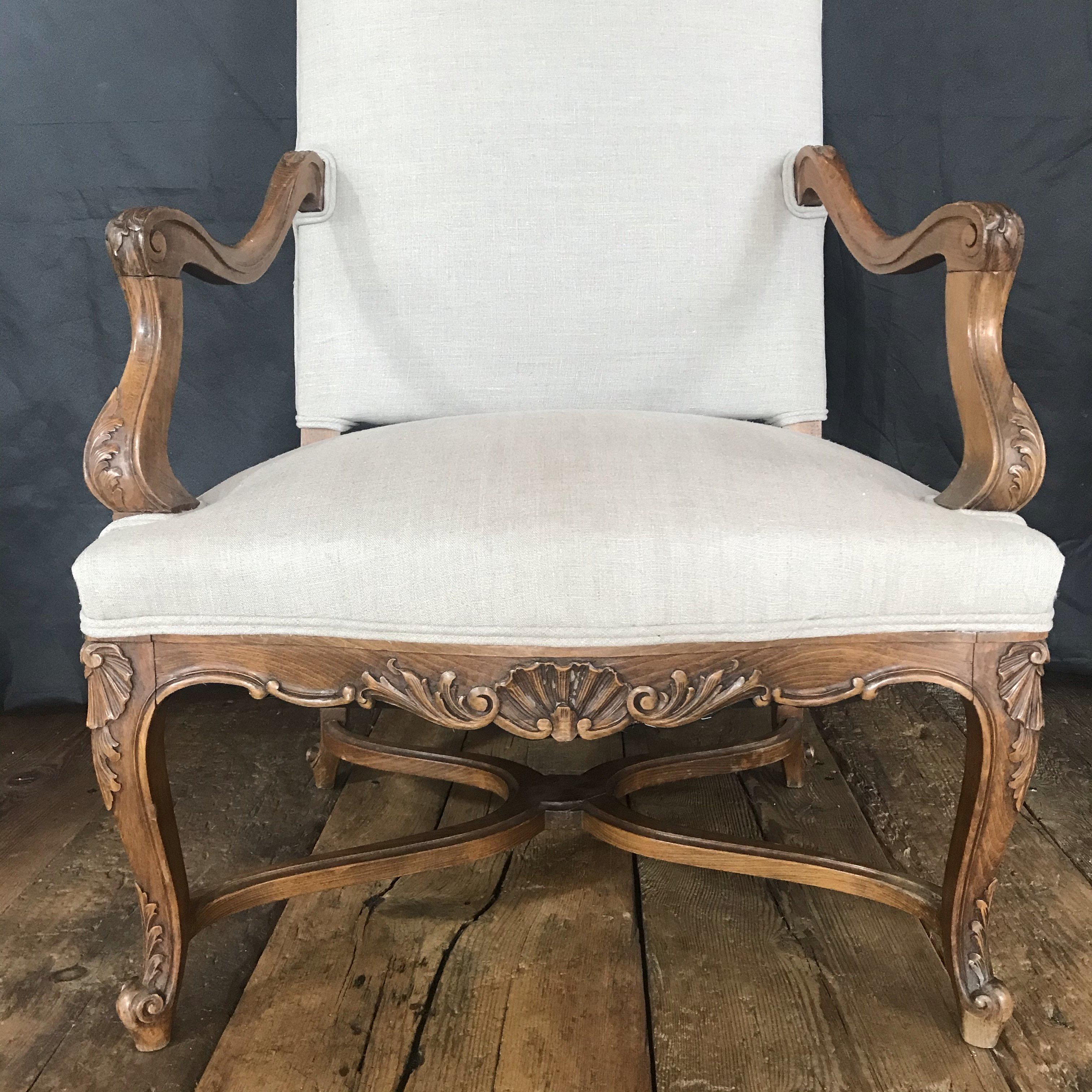 Upholstery Stately 19th Century French Carved Walnut Louis XV Arm Chair 