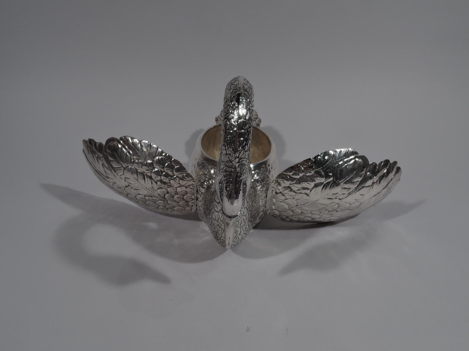 Peruvian Stately and Elegant Sterling Silver Swan Bowl with Hinged Wings