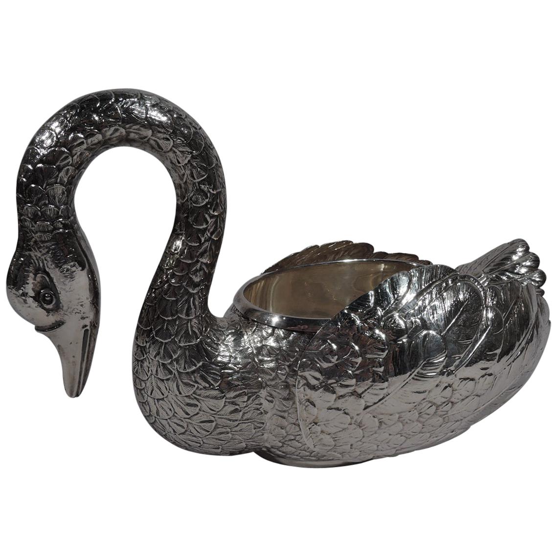 Stately and Elegant Sterling Silver Swan Bowl with Hinged Wings