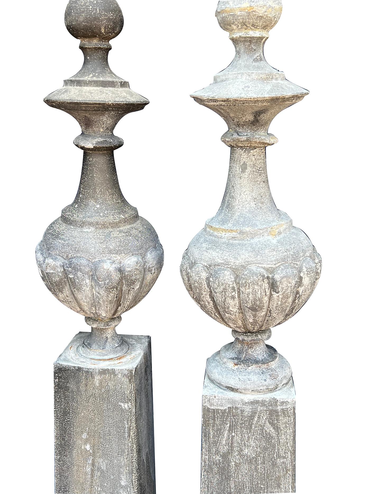 Molded Stately and Tall Pair of French Napoleon III Zinc Roof Finials For Sale