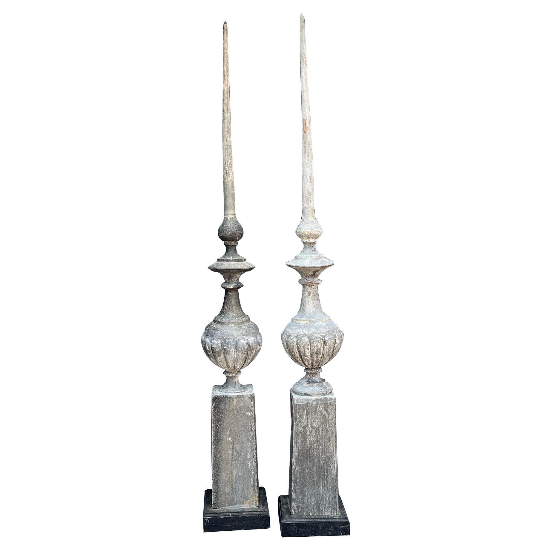 Stately and Tall Pair of French Napoleon III Zinc Roof Finials For Sale