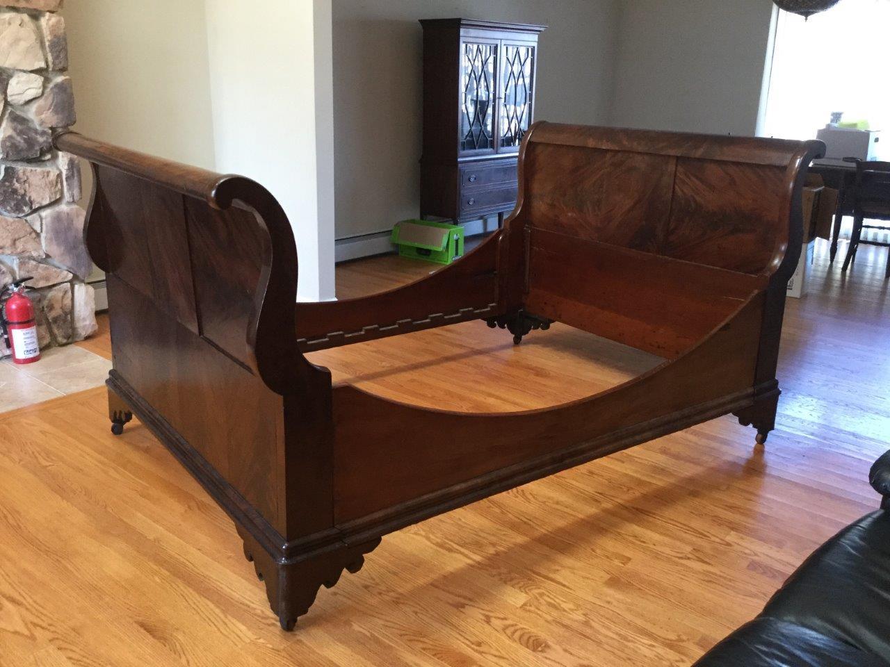 19th Century Stately Antique English Full Size Flame Mahogany Sleigh Bed Daybed