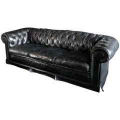 Vintage Stately Black Leather Chesterfield Sofa, English