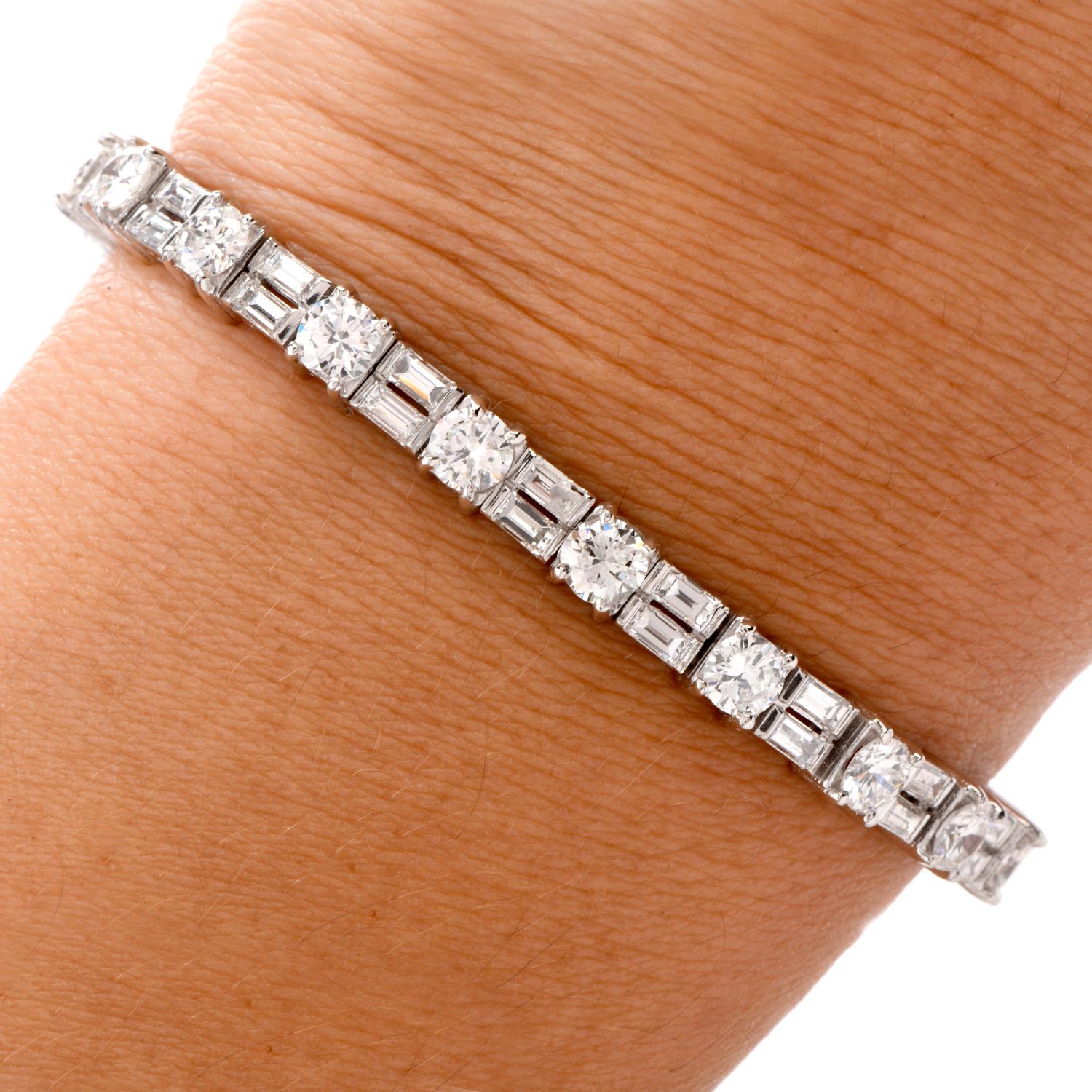 This stately bracelet boasts with vibrant white 20 round and 38 baguette-cut diamonds weighing cumulatively appx. 7.25 carats and are graded F-G color and VVS2-VS2 clarity.

Each link consists of 1 round and 2 baguette-cut diamonds. Spanning appx.