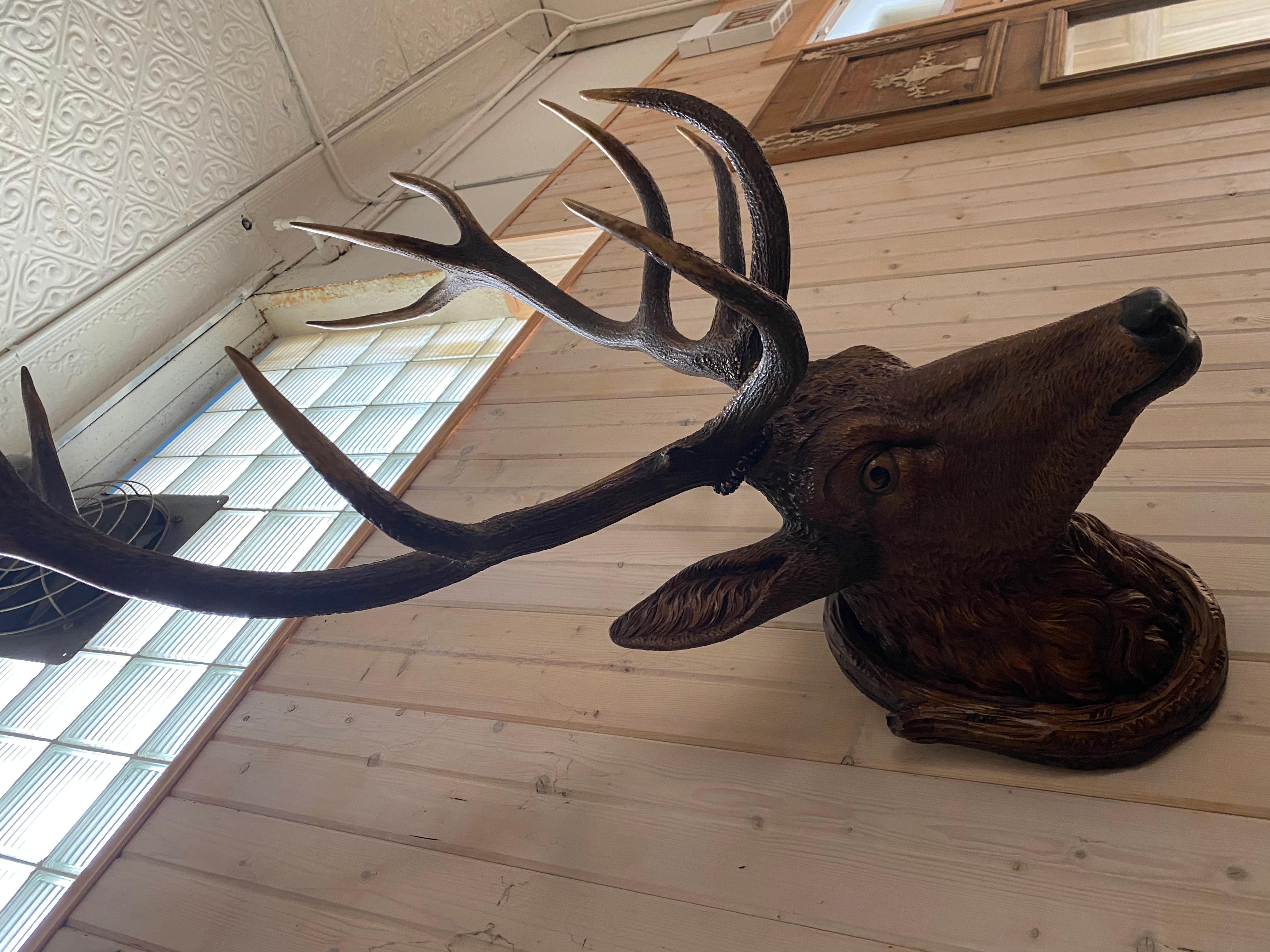 Stately carved wood black forest deer head with real antler mounts. Great scale. Carved head mounted with large rack of antlers.