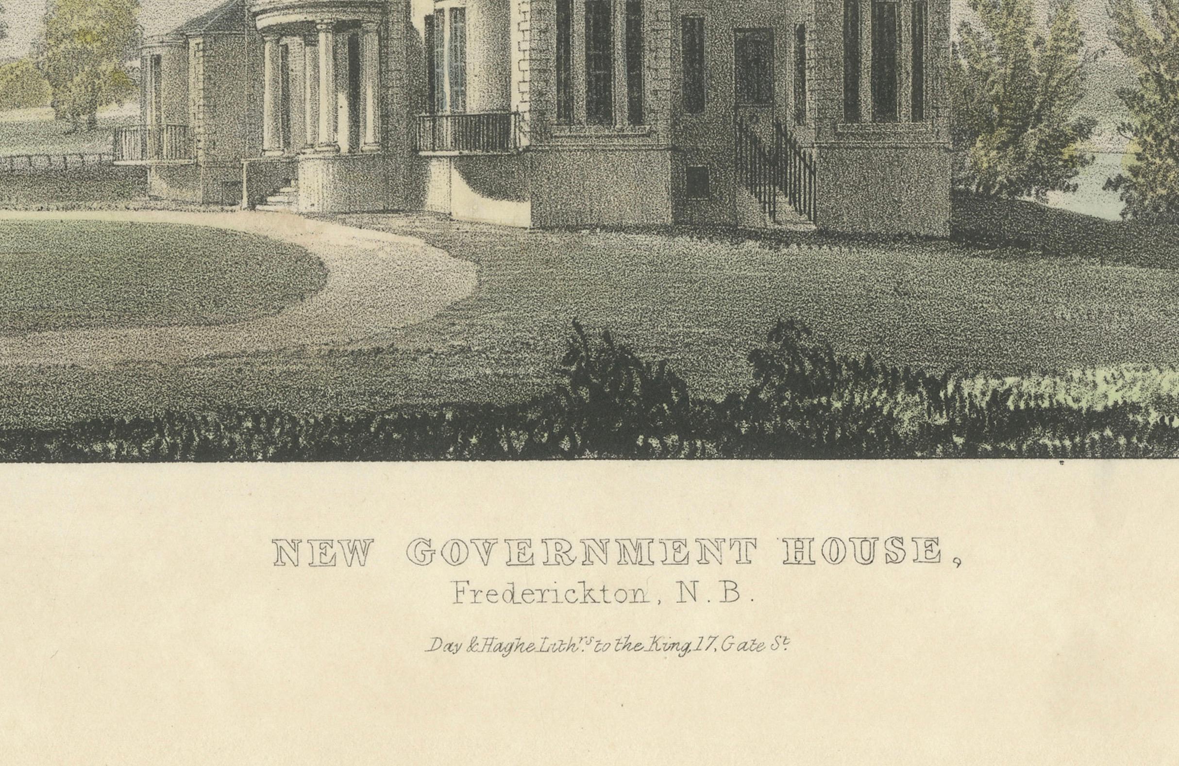 Title: New Government House, Fredericton, N.B.  

Description : This finely detailed hand-colored lithograph depicts the New Government House in Fredericton, New Brunswick. Designed by A. Leasy and lithographed by Day & Haghe, the image captures the