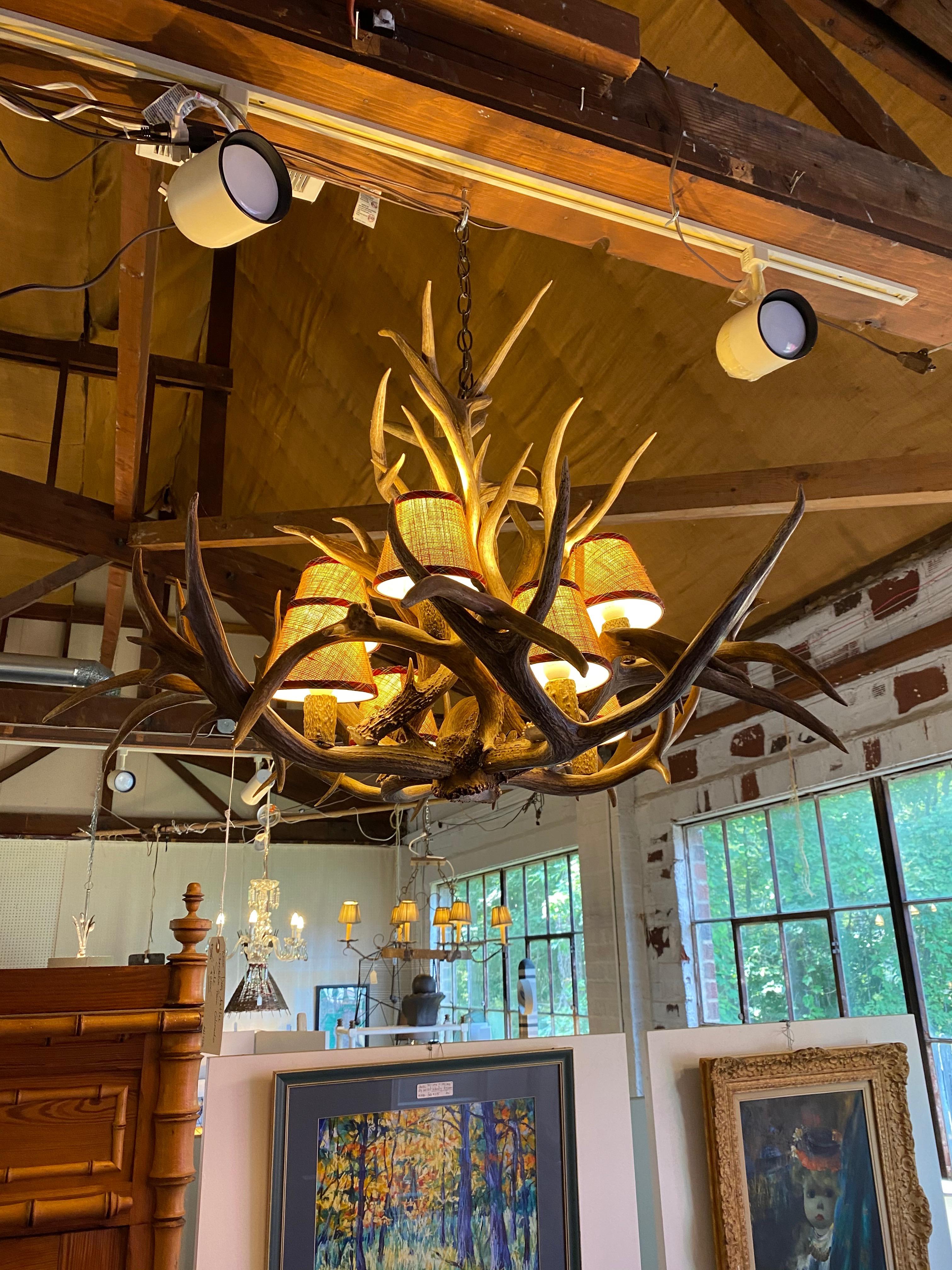 Adirondack Stately Fallow Deer Eight Light Chandelier, Great Scale and Patina For Sale