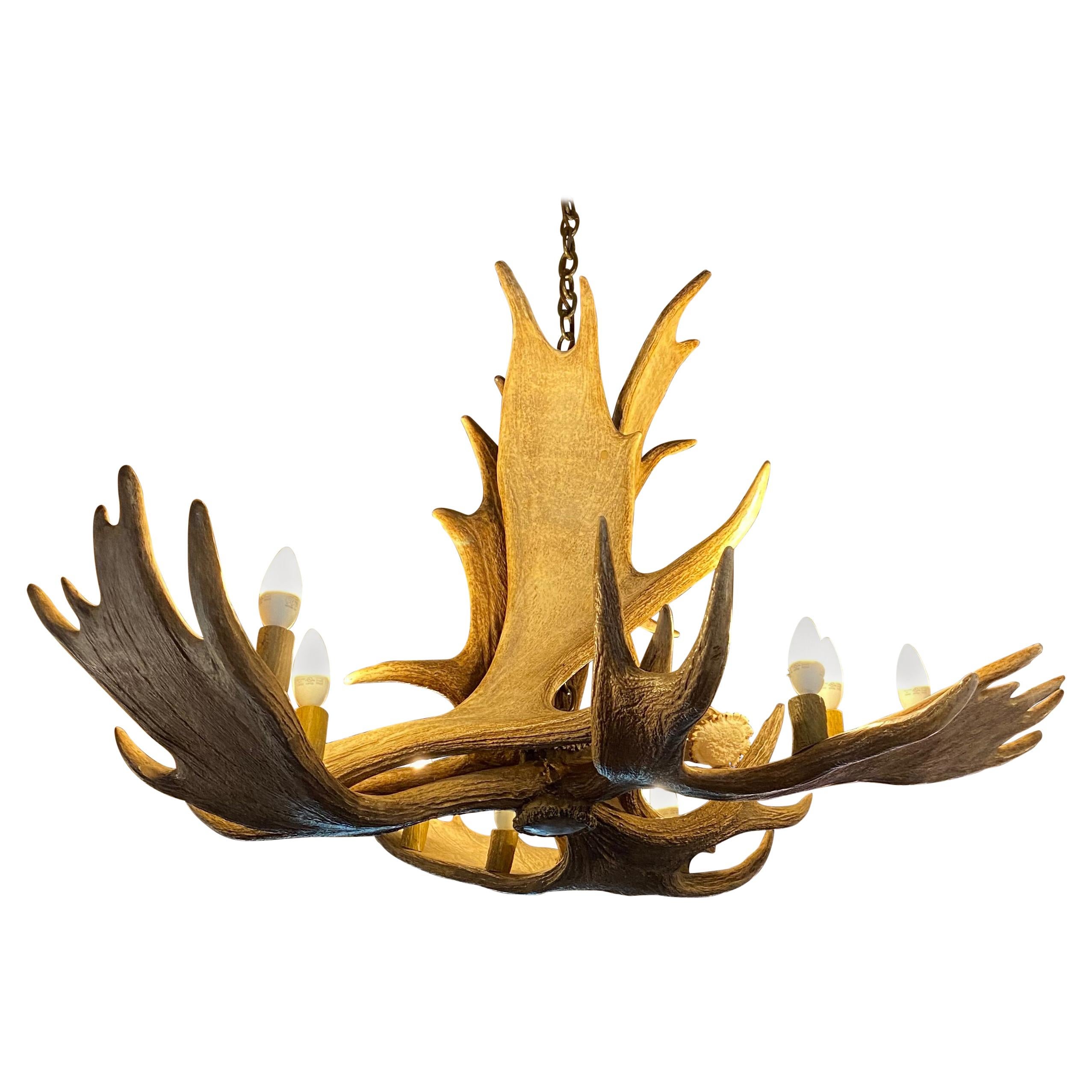 Stately Fallow Deer Eight Light Chandelier, Great Scale and Patina