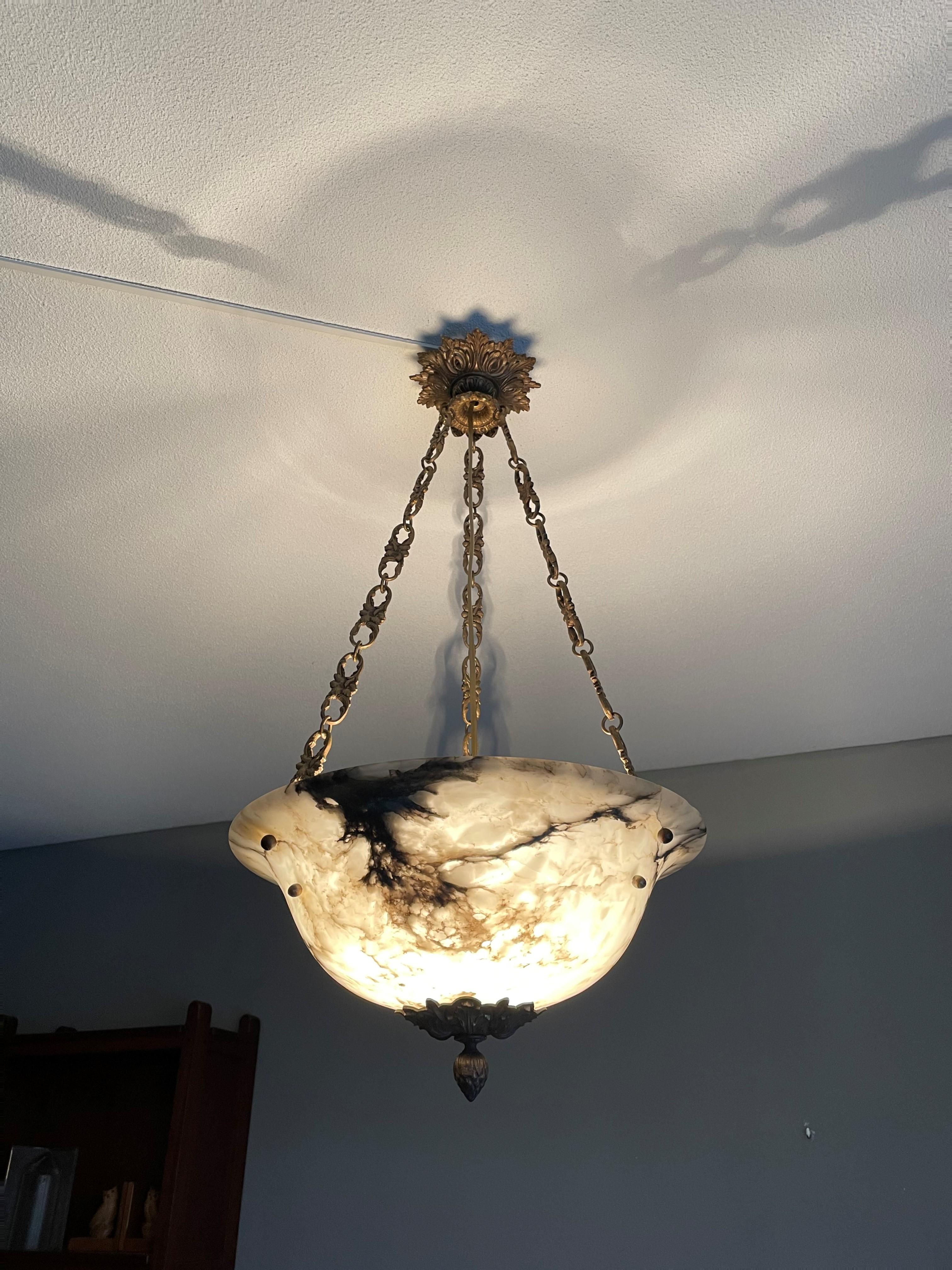 Stately French Alabaster Pendant Light / Chandelier with Bronze Chain & Canopy For Sale 3
