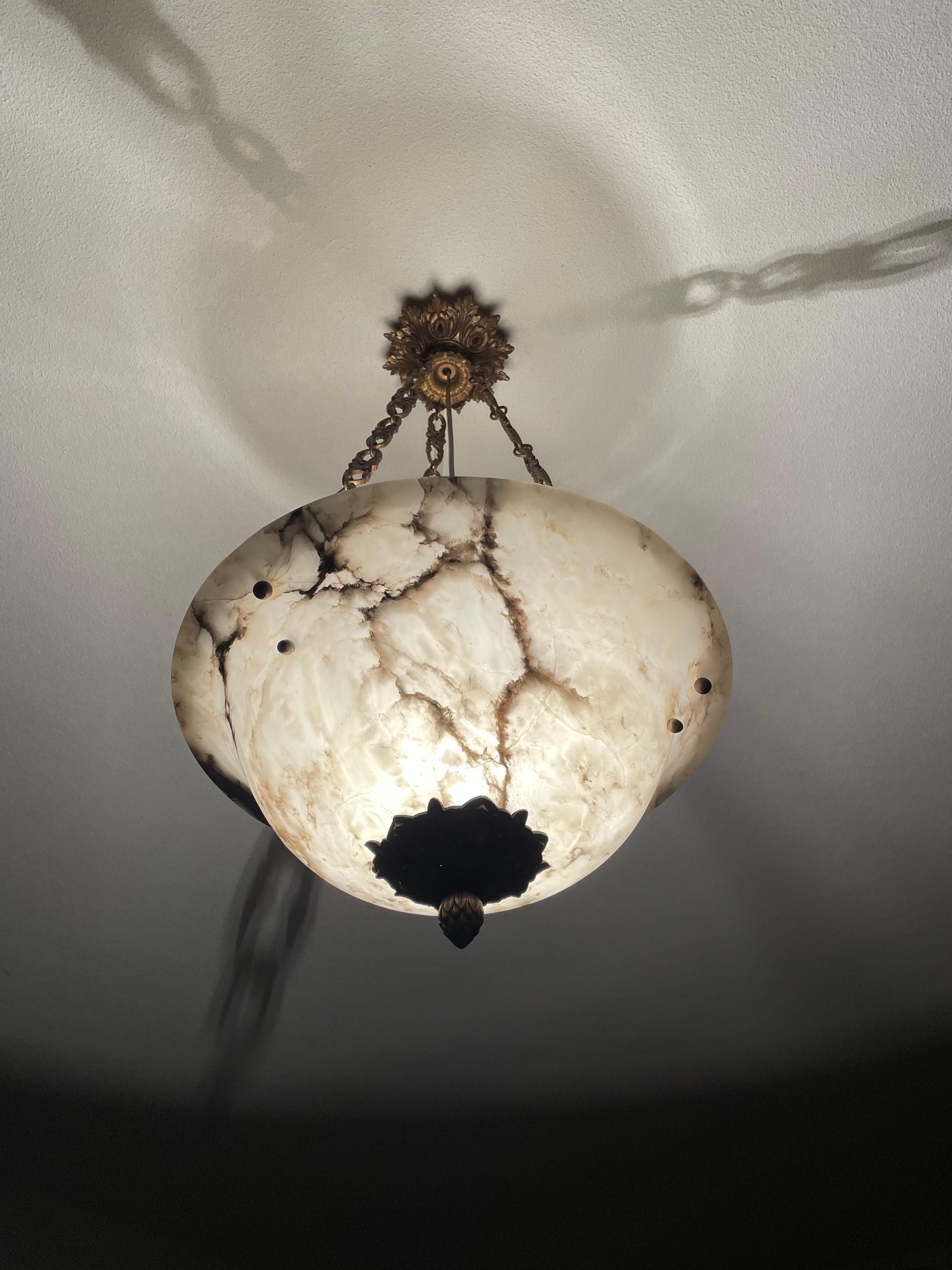 Stately French Alabaster Pendant Light / Chandelier with Bronze Chain & Canopy For Sale 4