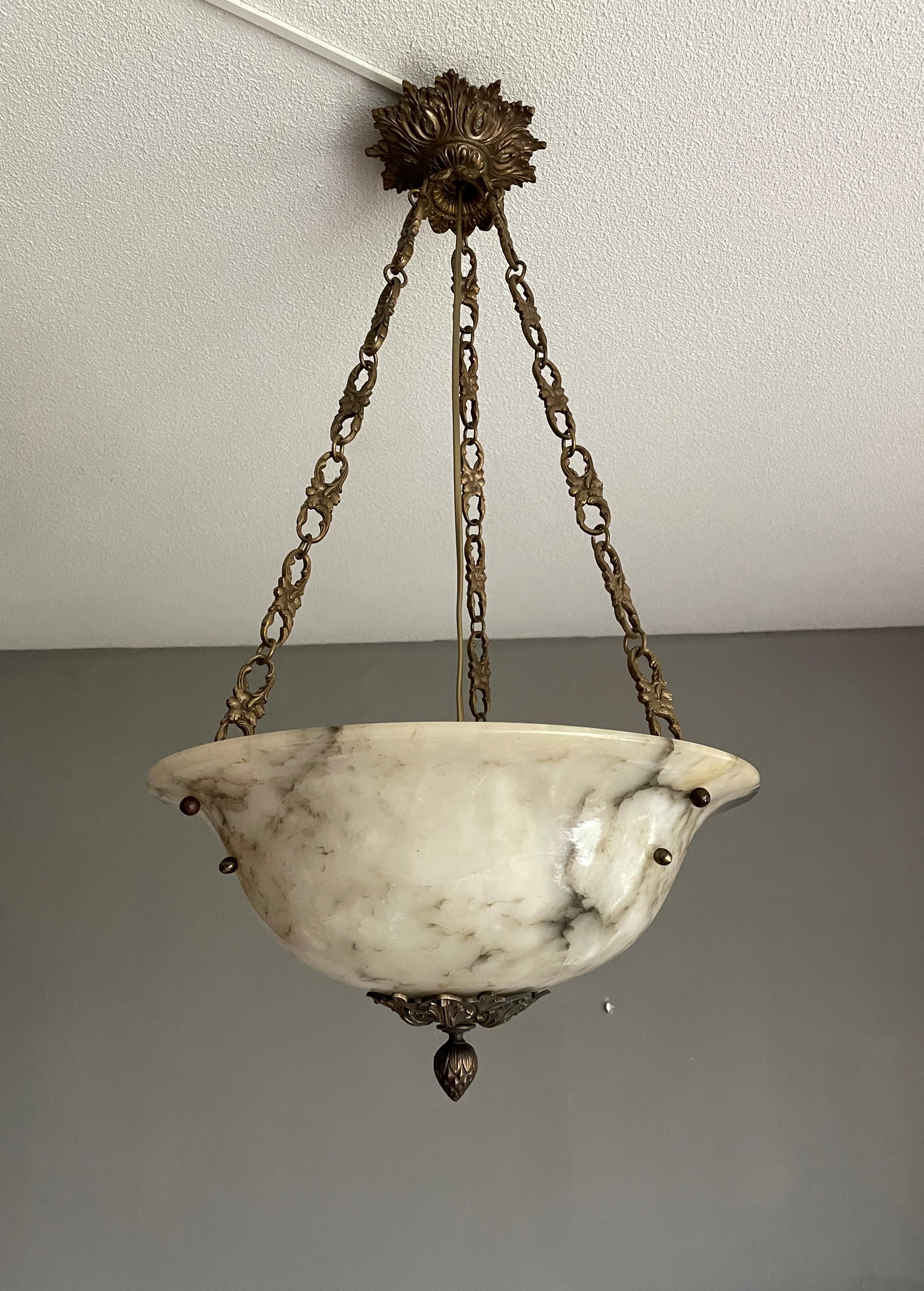 Stately French Alabaster Pendant Light / Chandelier with Bronze Chain & Canopy For Sale 7