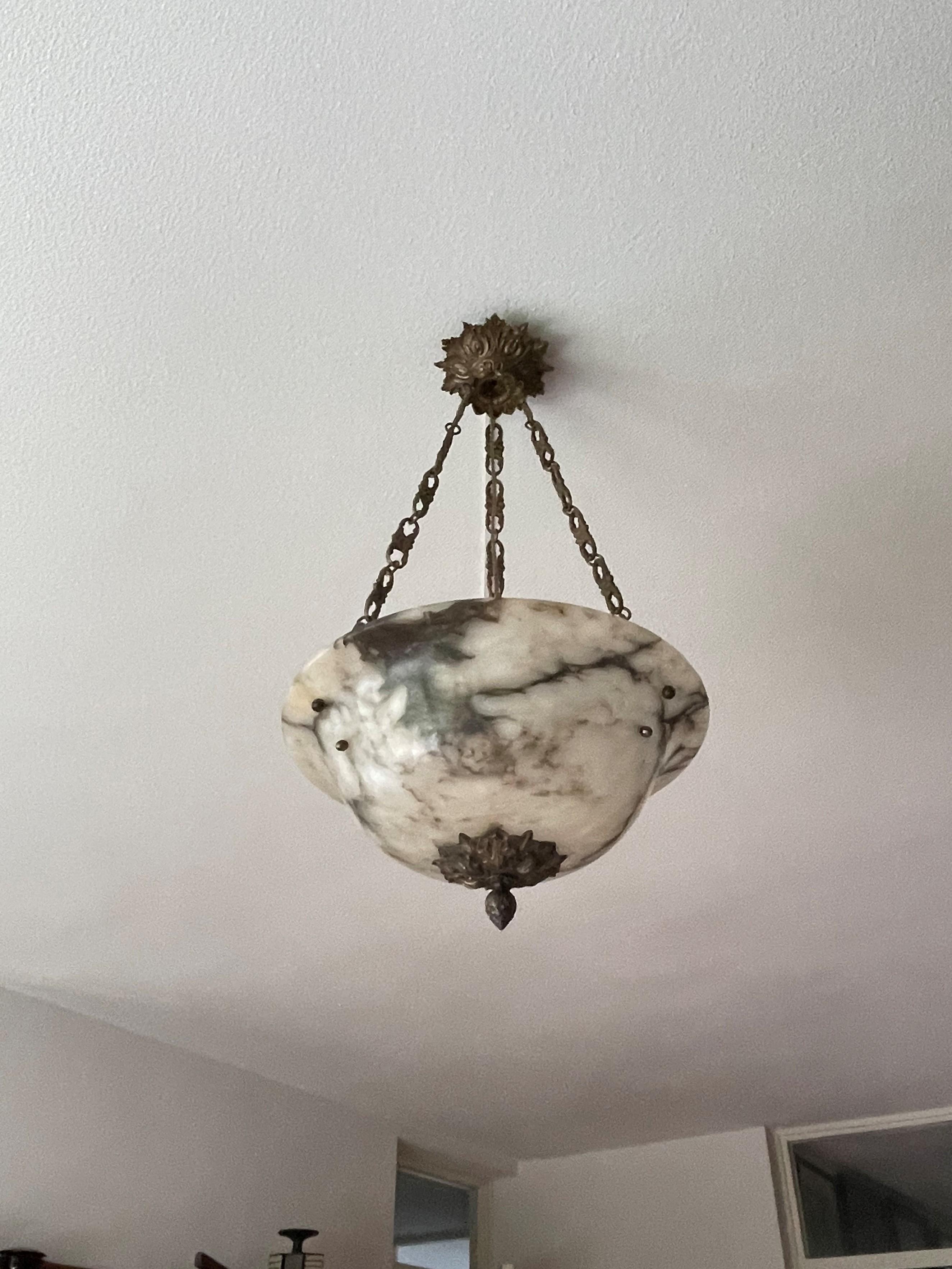 Stately French Alabaster Pendant Light / Chandelier with Bronze Chain & Canopy For Sale 9