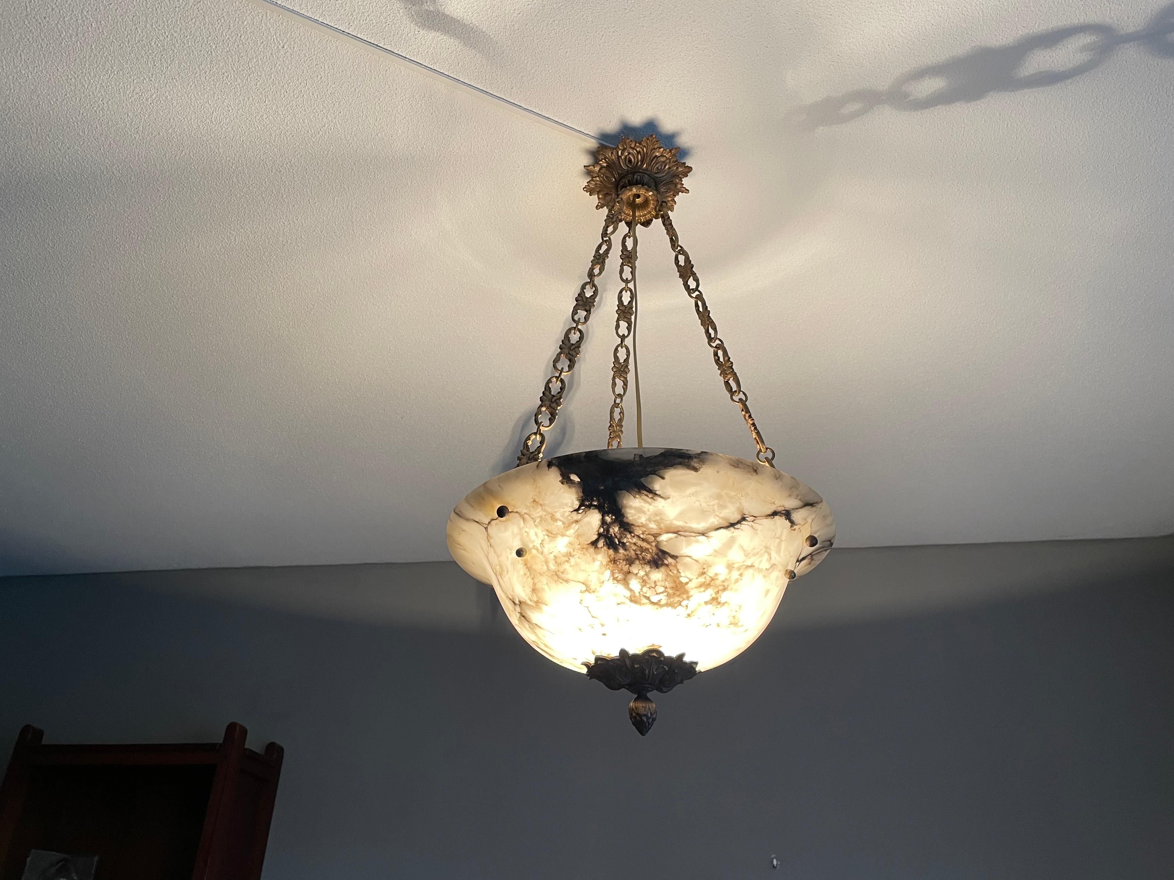 Stately French Alabaster Pendant Light / Chandelier with Bronze Chain & Canopy For Sale 10