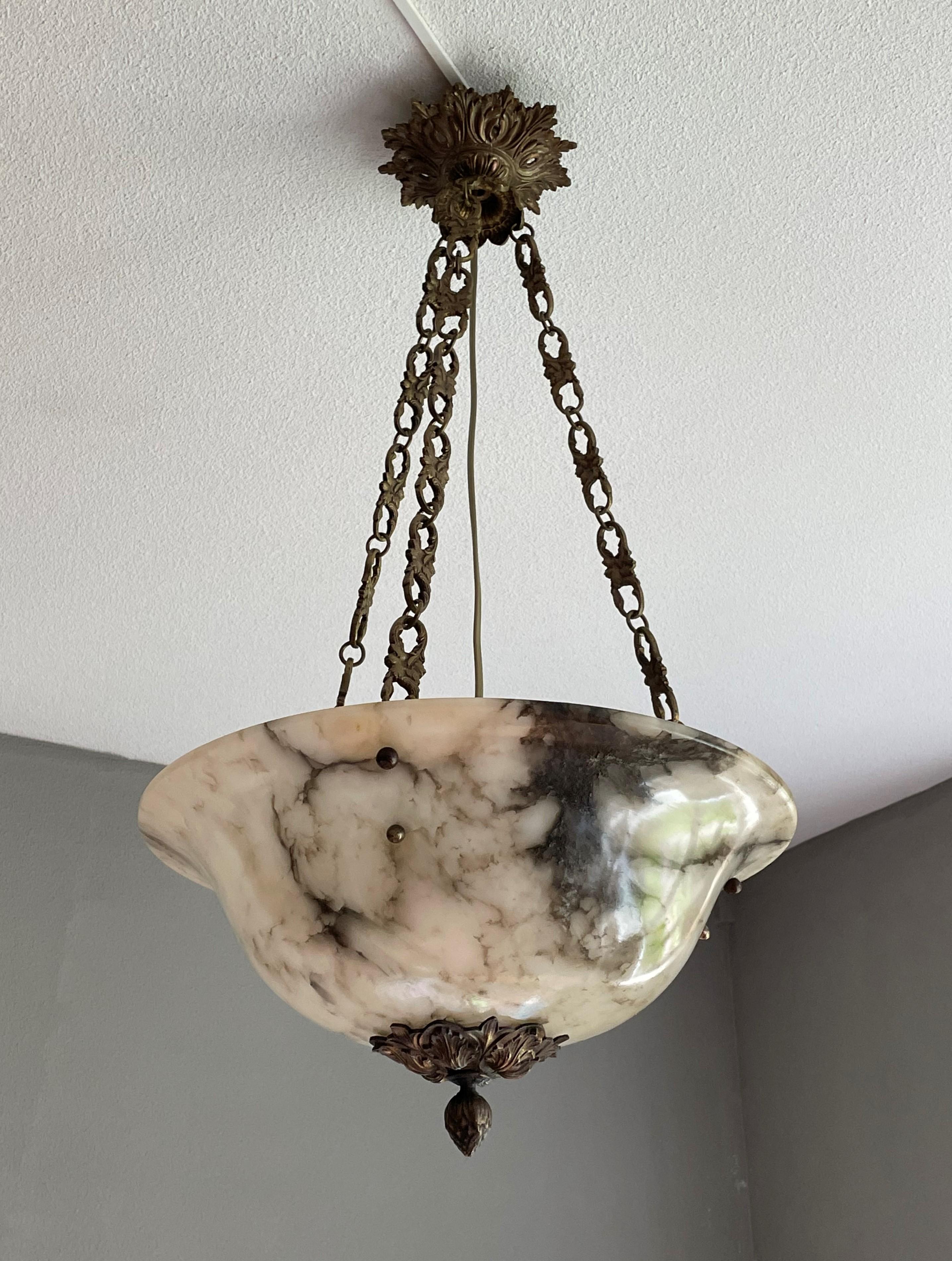 Art Nouveau Stately French Alabaster Pendant Light / Chandelier with Bronze Chain & Canopy For Sale