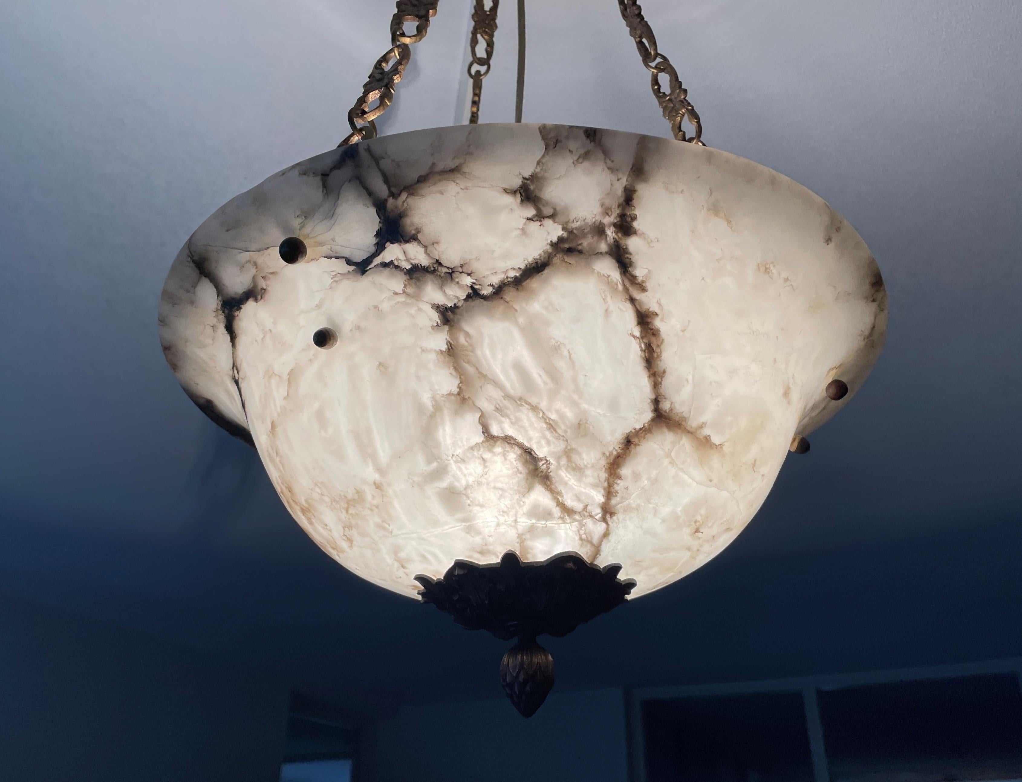 Polished Stately French Alabaster Pendant Light / Chandelier with Bronze Chain & Canopy For Sale