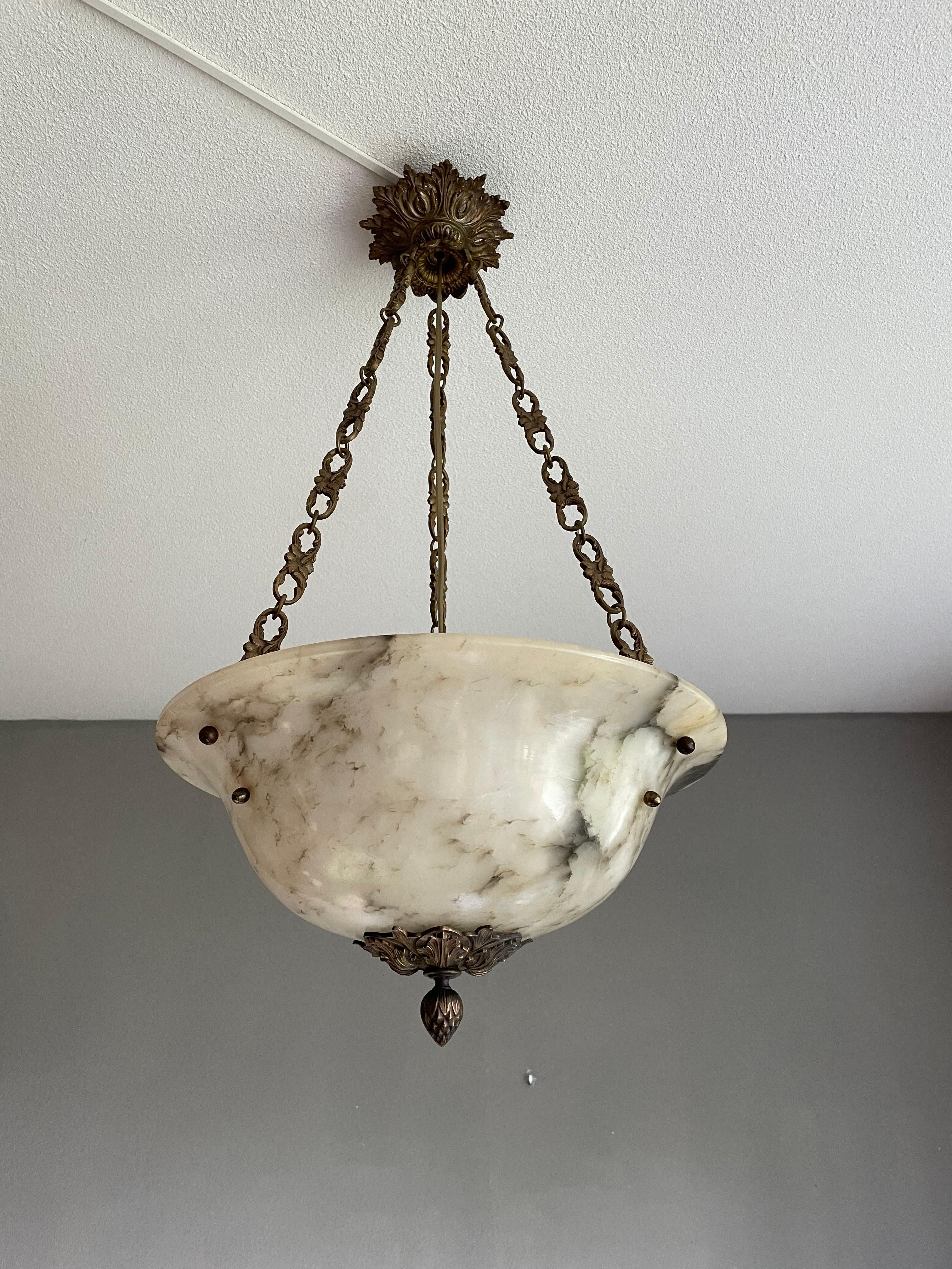 20th Century Stately French Alabaster Pendant Light / Chandelier with Bronze Chain & Canopy For Sale