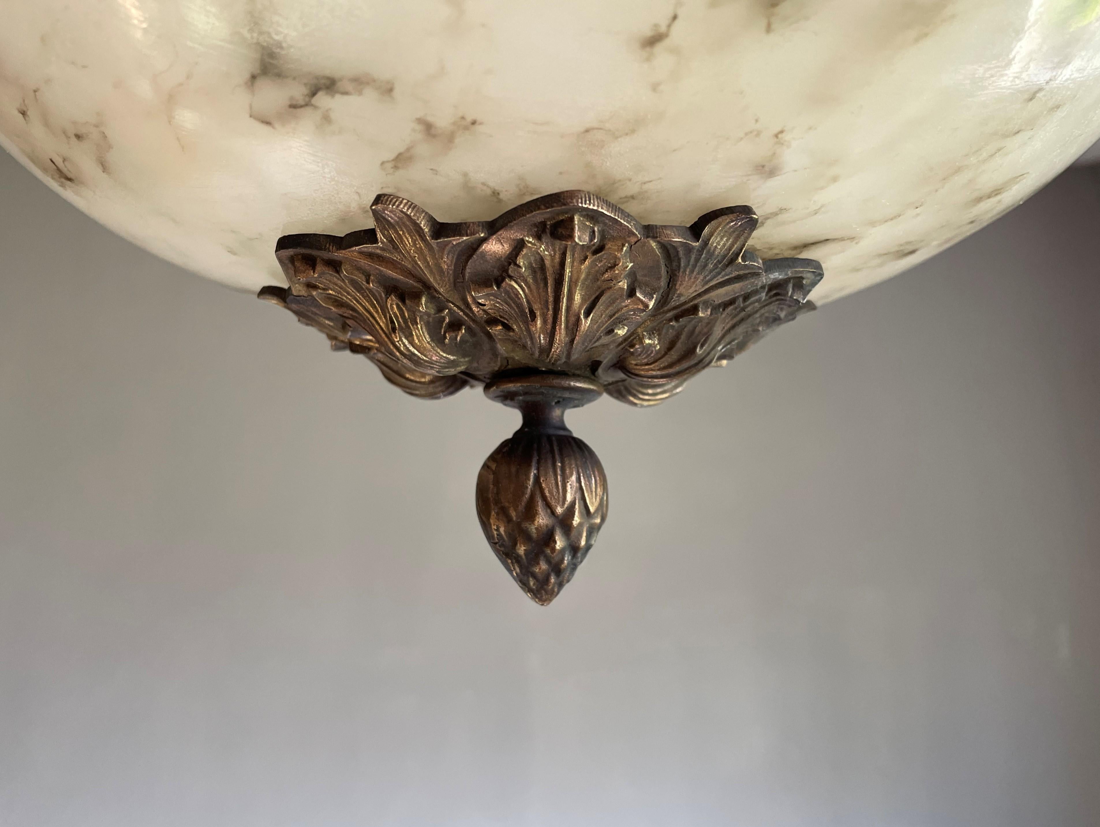 Brass Stately French Alabaster Pendant Light / Chandelier with Bronze Chain & Canopy For Sale