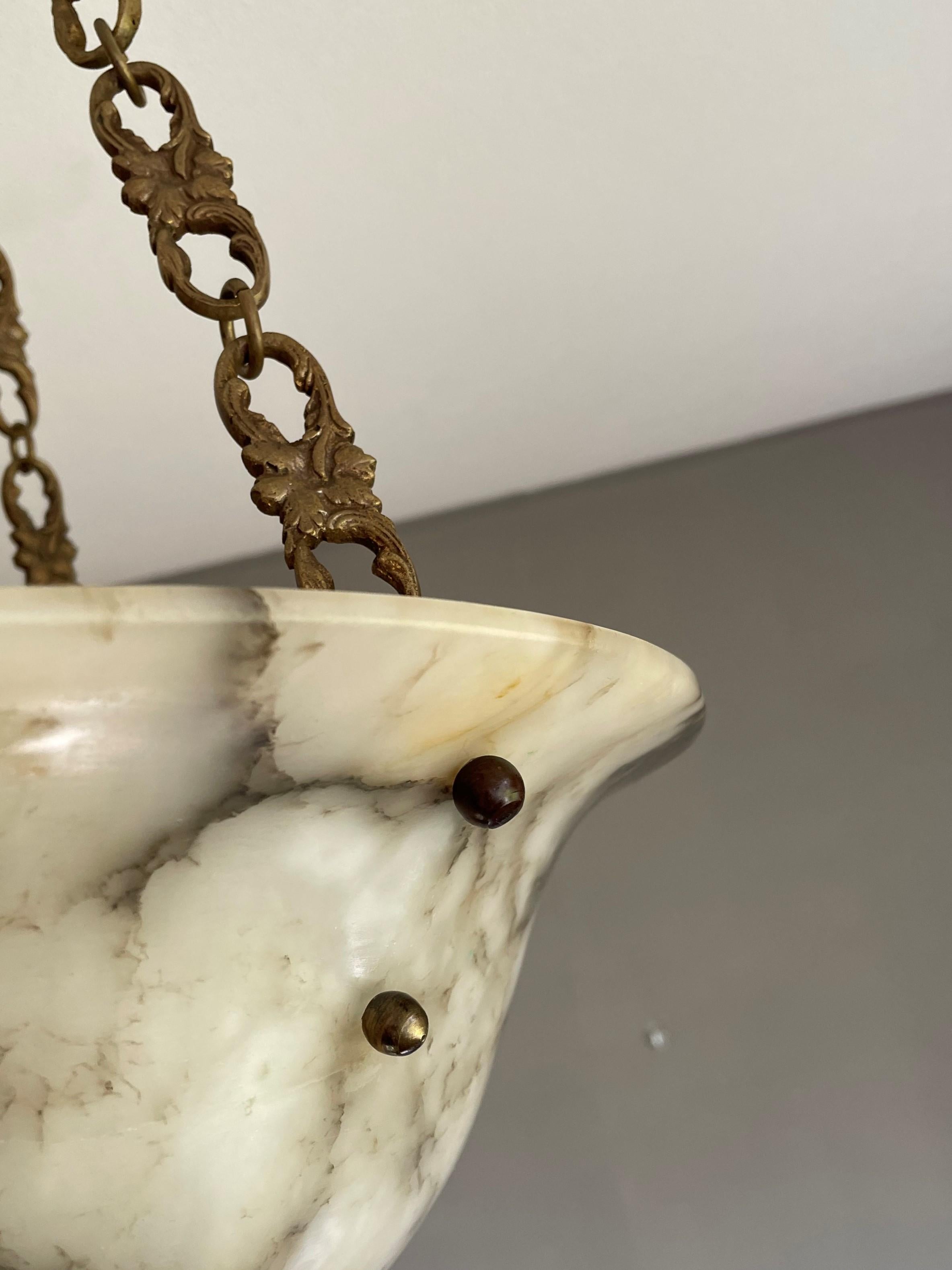 Stately French Alabaster Pendant Light / Chandelier with Bronze Chain & Canopy For Sale 1