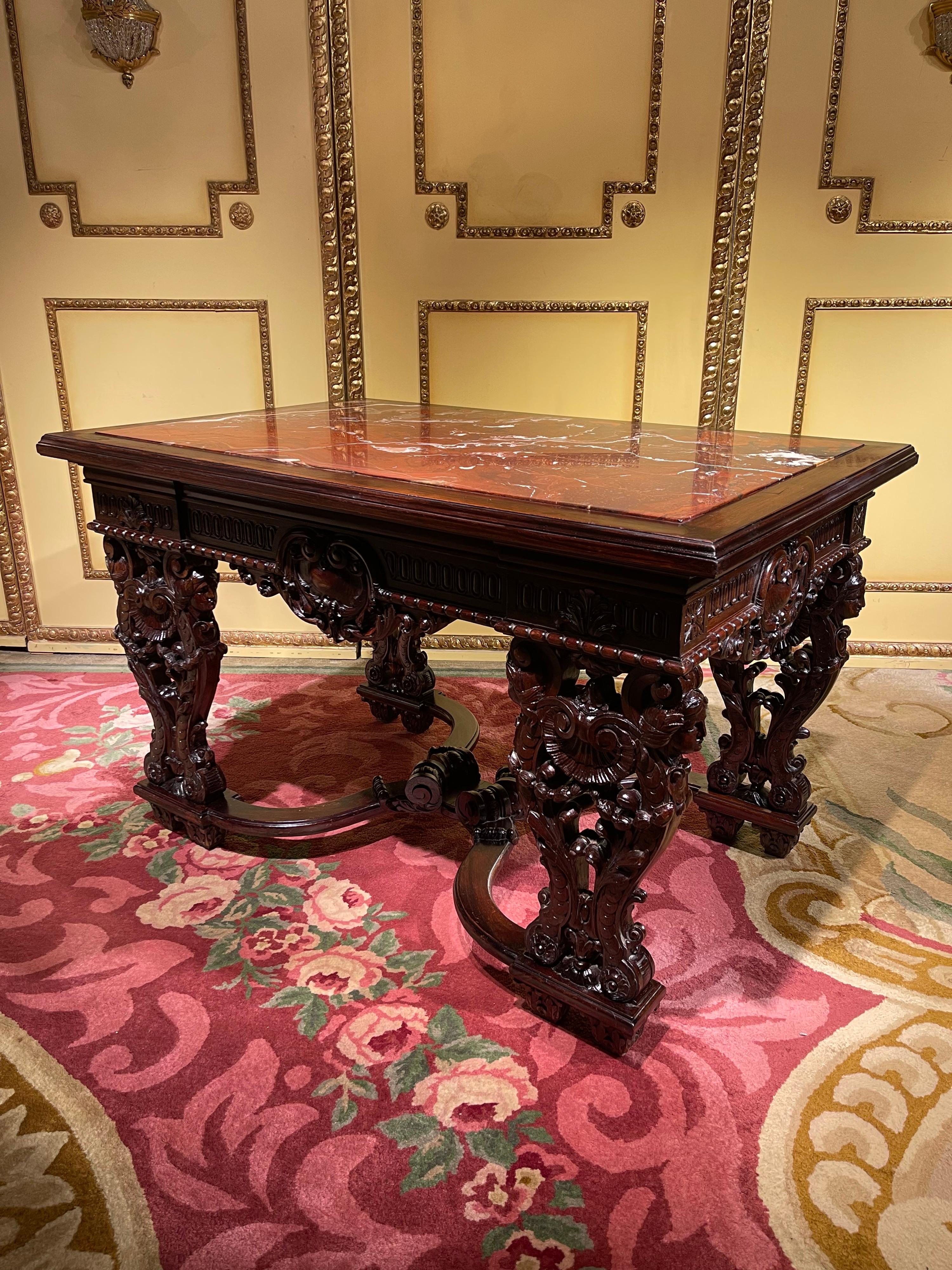Hand-Carved Stately Historicism Salon Table, Solid Oak, around 1880 For Sale